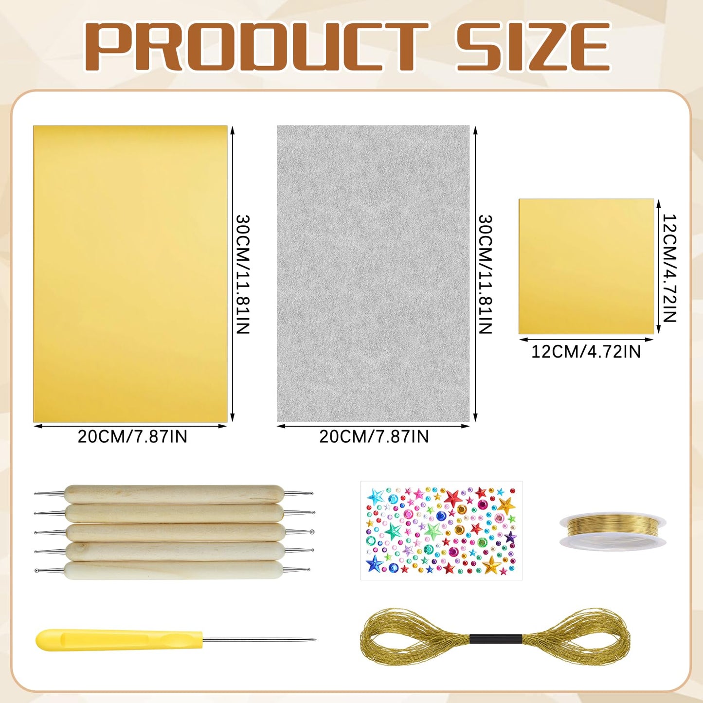 Yaocom Metal Embossing Kit, 25 Sheets Aluminum Embossing Foil Sheets, Art Craft Decorative Metal Foil Sheet Tools, Gold Shimmer Crafting Accessory, Creative Artwork Making Kit, Handcraft Supplies