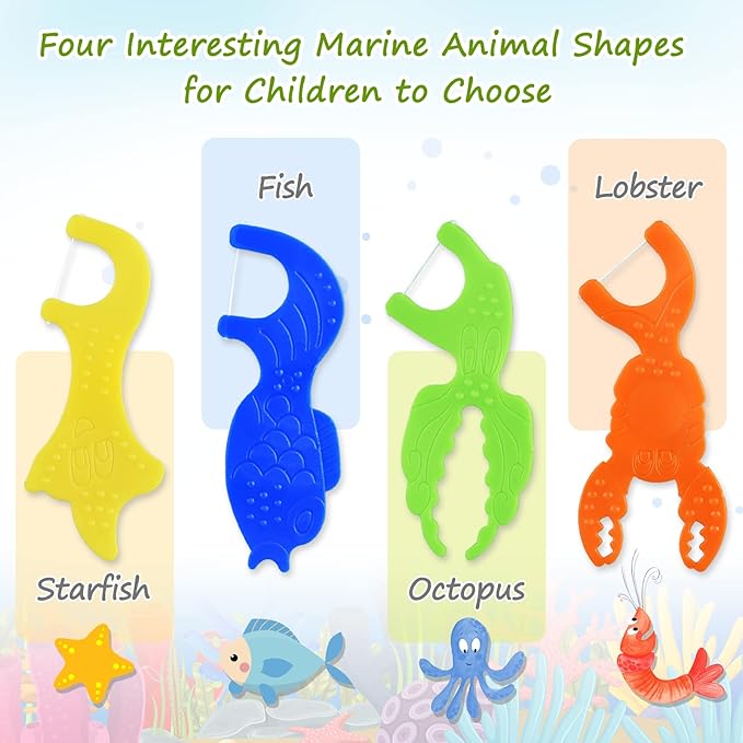 Kids Flossers, Kids Dental Floss Picks Without Fluoride, Unflavored, 4 Colors Ocean Animals Shaped Makes Flossing Fun, 50 Count (Pack of 2)