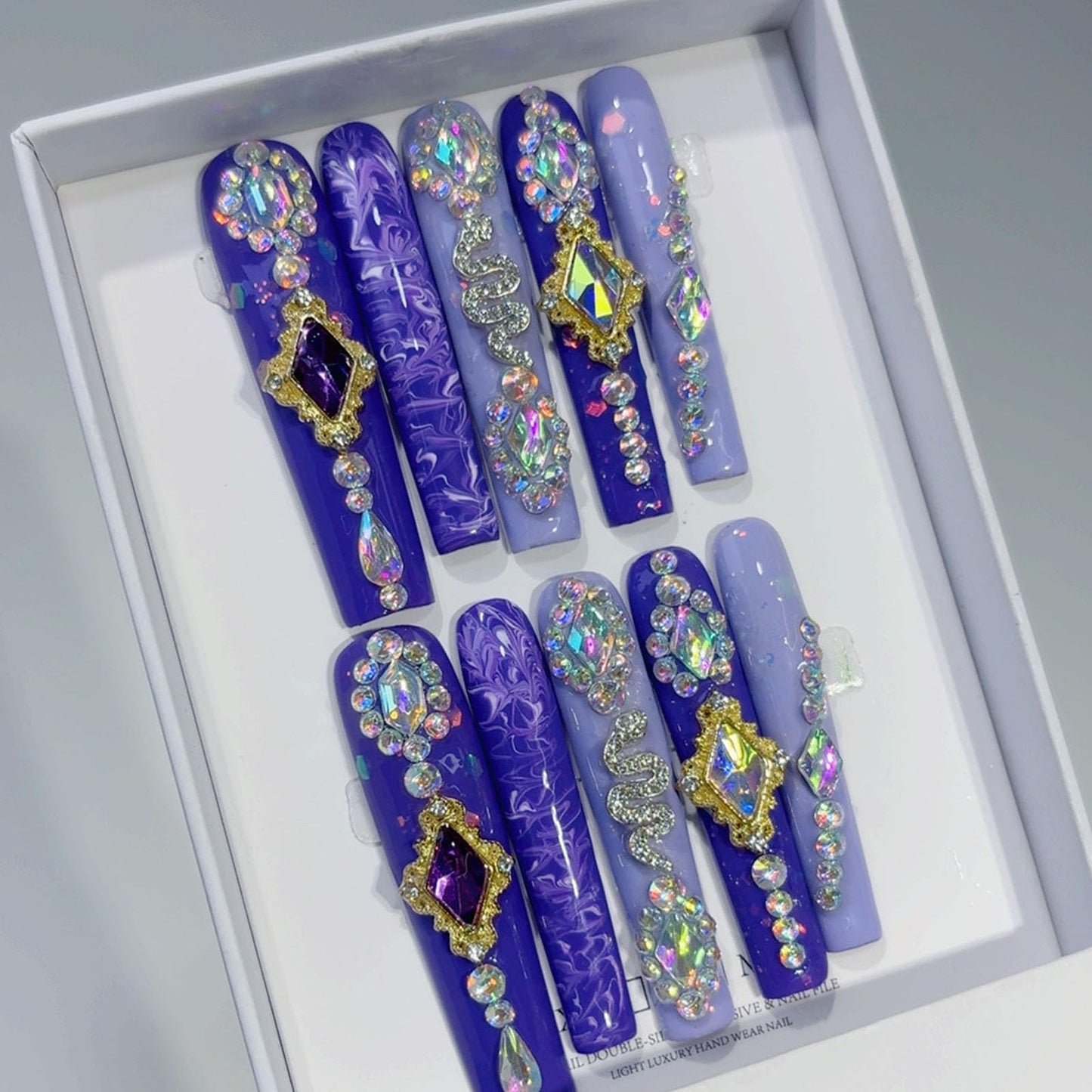 10 Pcs Extra Long Handmade Press on Nails Square Fake Nails with 3D Rhinestones Charms Design Purple Acrylic False Nails Wedding Party Long Press Ons Nails Square for Women - M Size