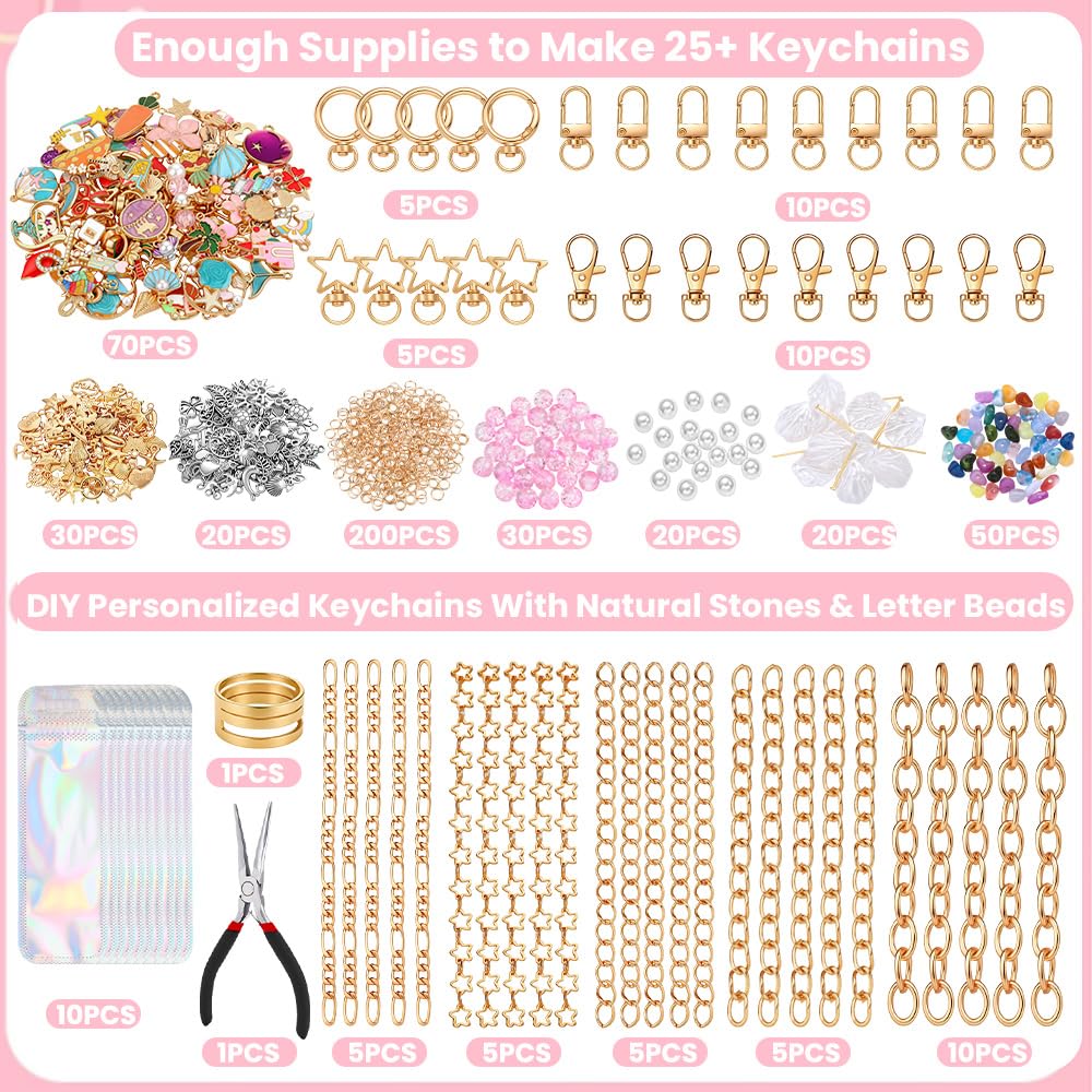 JOICEE 585Pcs Charms lip Gloss Keychain Making Kit, DIY Jewelry Crafts Making Kit with 192 Enamel Pendants 30 KeyChain Hooks 30 Chains and 333 Accessories Tools for Girls Adults Birthday Holiday Gifts