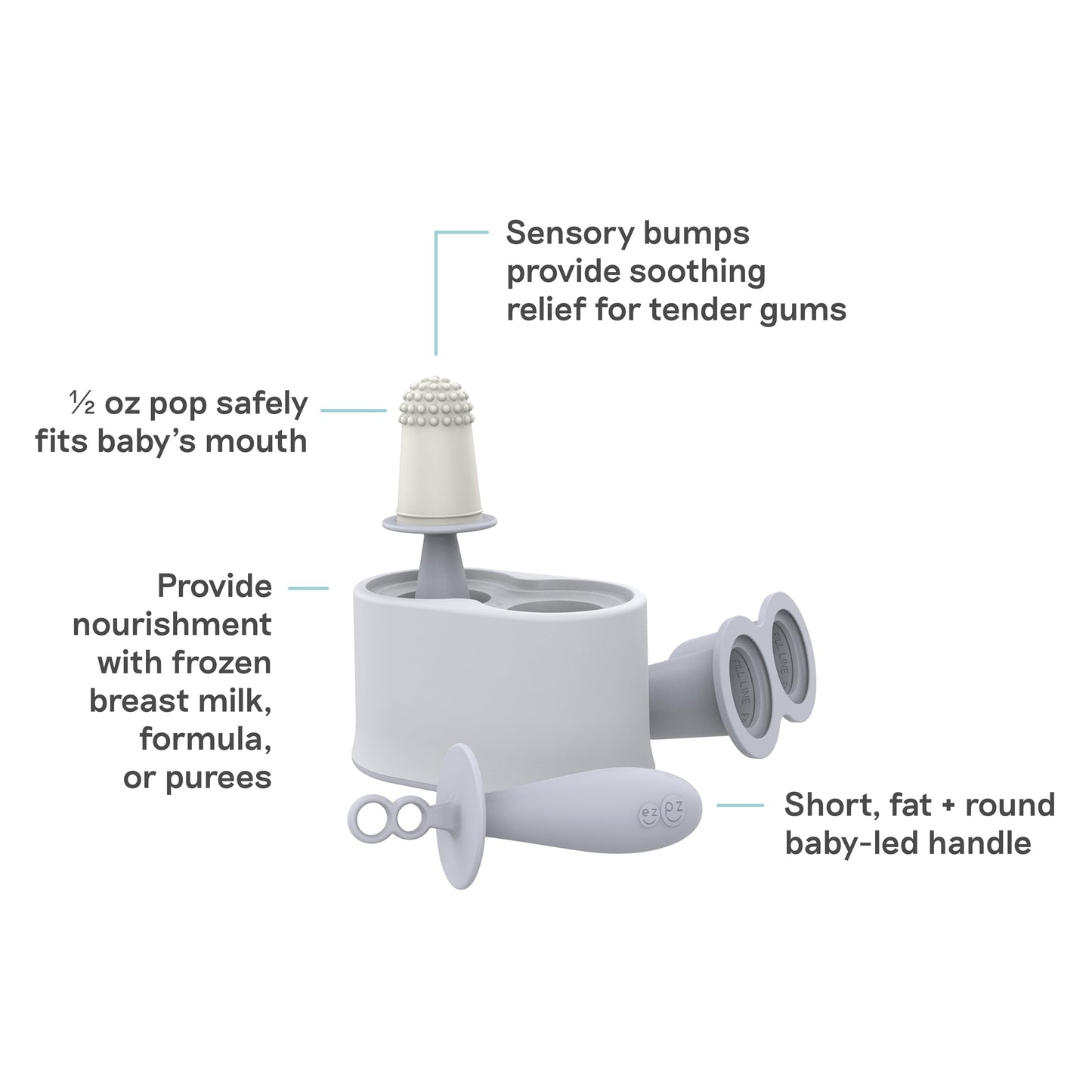 ezpz Tiny Pops (Pewter) - 4 Months+ - Popsicle Mold Set with Two Wands for Infants - Baby-Led Weaning + Teething Essentials