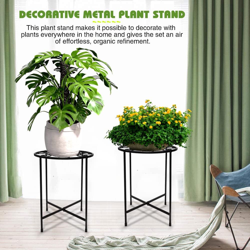 KABB Metal Plant Stand, 15'' Tall Flower Pot Set, Modern Rustproof 10-inch Round Outdoor Iron Art Stand, Black Decorative Stool for Indoor Plants