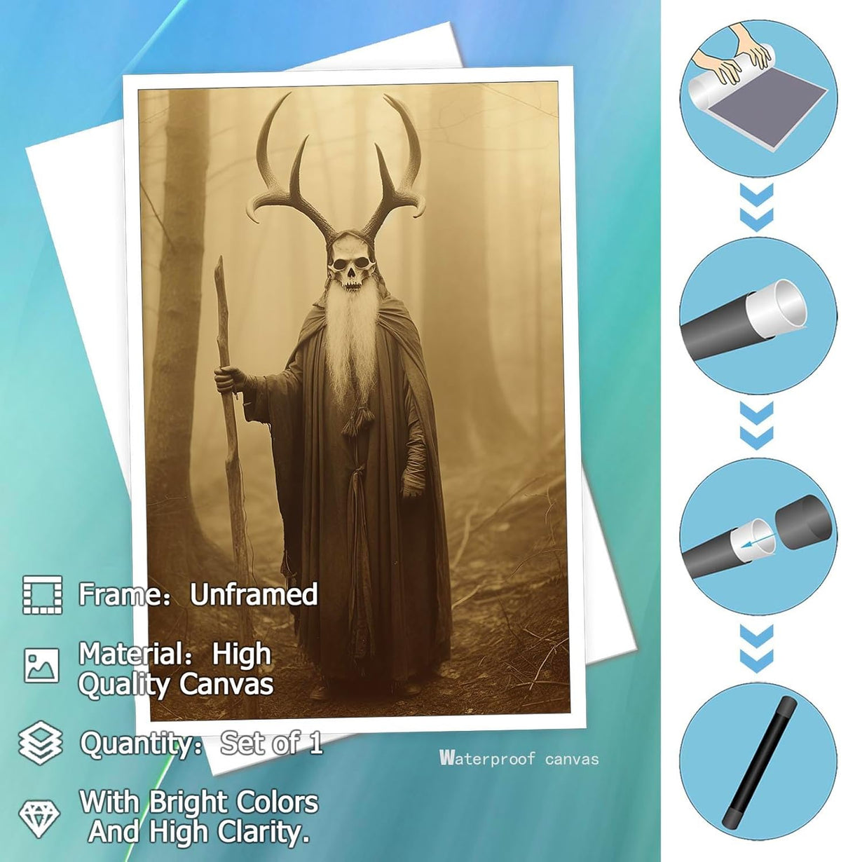 Skeleton Halloween Decor Occult Druid of the Forest Poster Canvas Wall Art Vintage Spooky Print Gothic Room Decor Dark Academia Decorations Bedroom Creepy Skull Picture 24X36inch Unframed