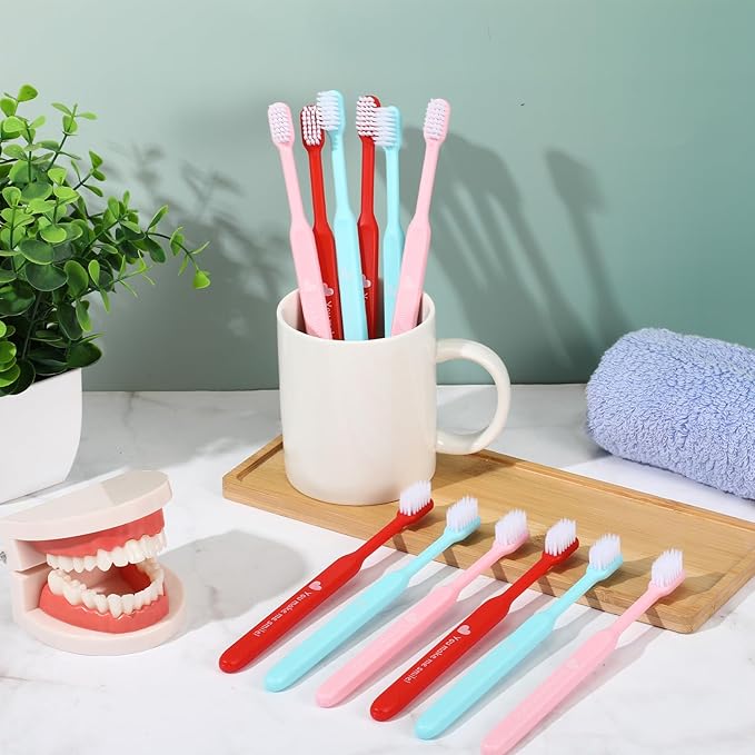 48 Pcs Toothbrushes, Individually Wrapped Toothbrush for Giveaways, Festive Red, Blue and Pink Design