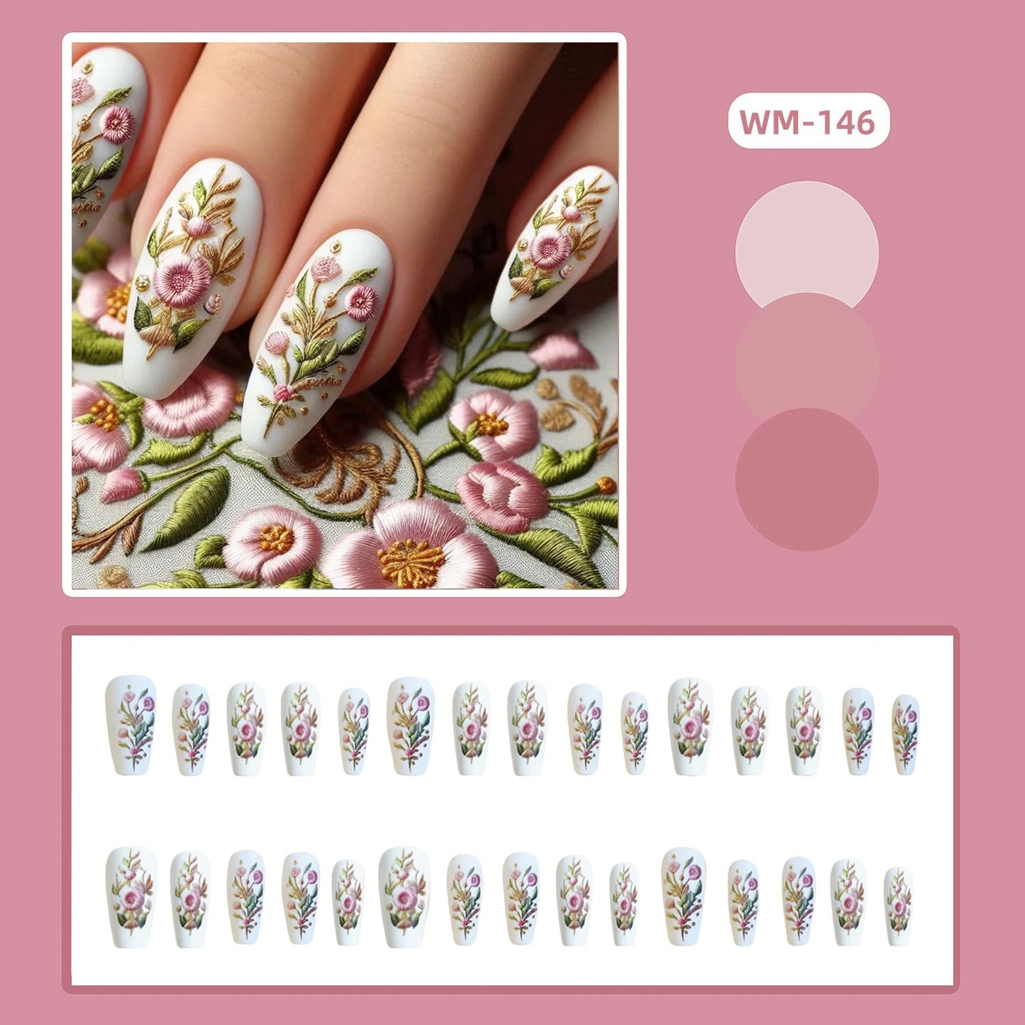 Pastel Embroidery Press on Nails Medium Ballet Shaped False Nails Flower Acrylic Nails White Stick on Nails Floral Embroidery Design Coffin Nails 24Pcs Full Cover Artificial Glue on Nails for Women