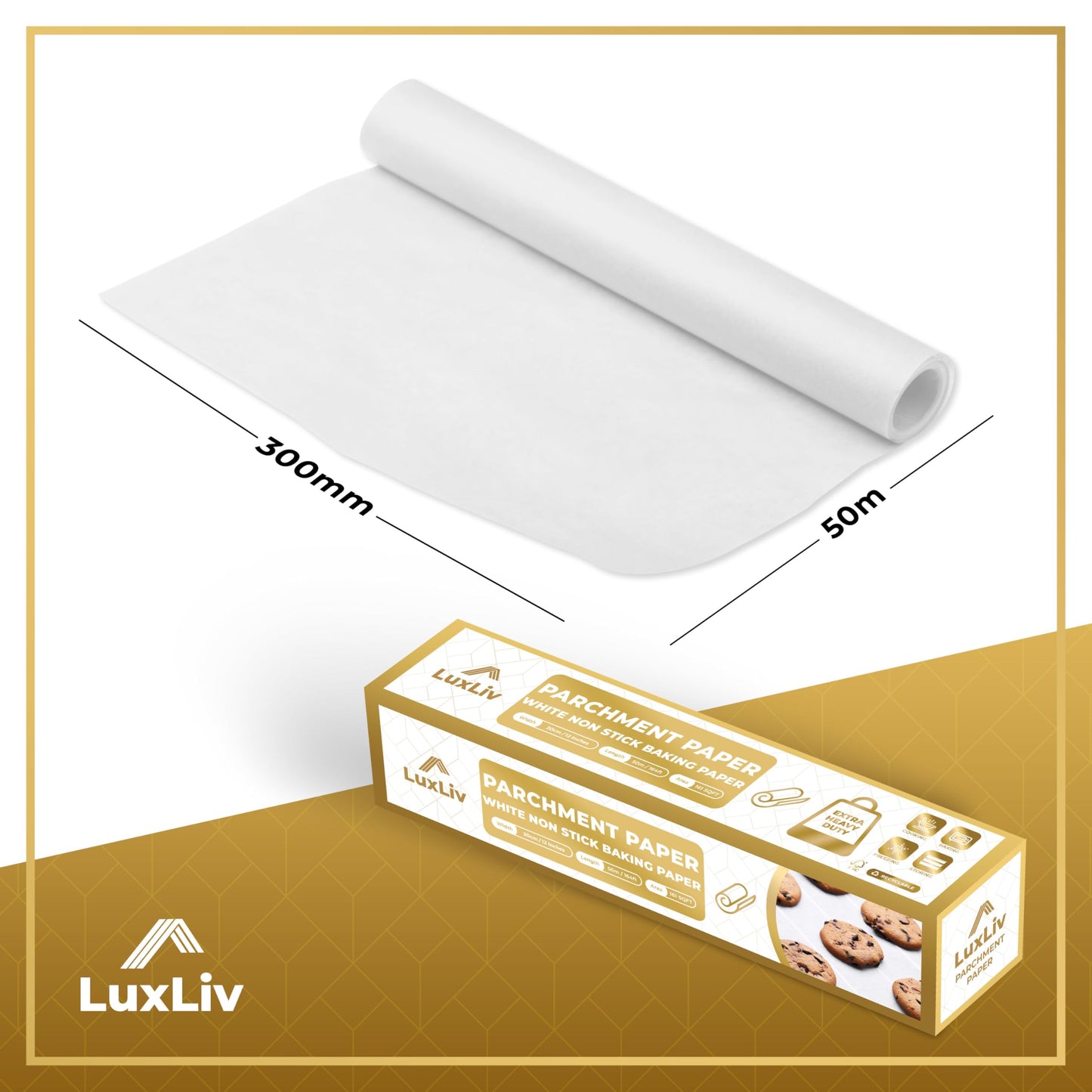 LuxLiv® 12 in x 164 ft White Parchment Paper Roll for Baking – Non-Stick Greaseproof Baking Paper, Cooking & Air Fryer Paper, Sourdough Bread Baking Supplies, Extra-Thick & Easy-Tear Roll