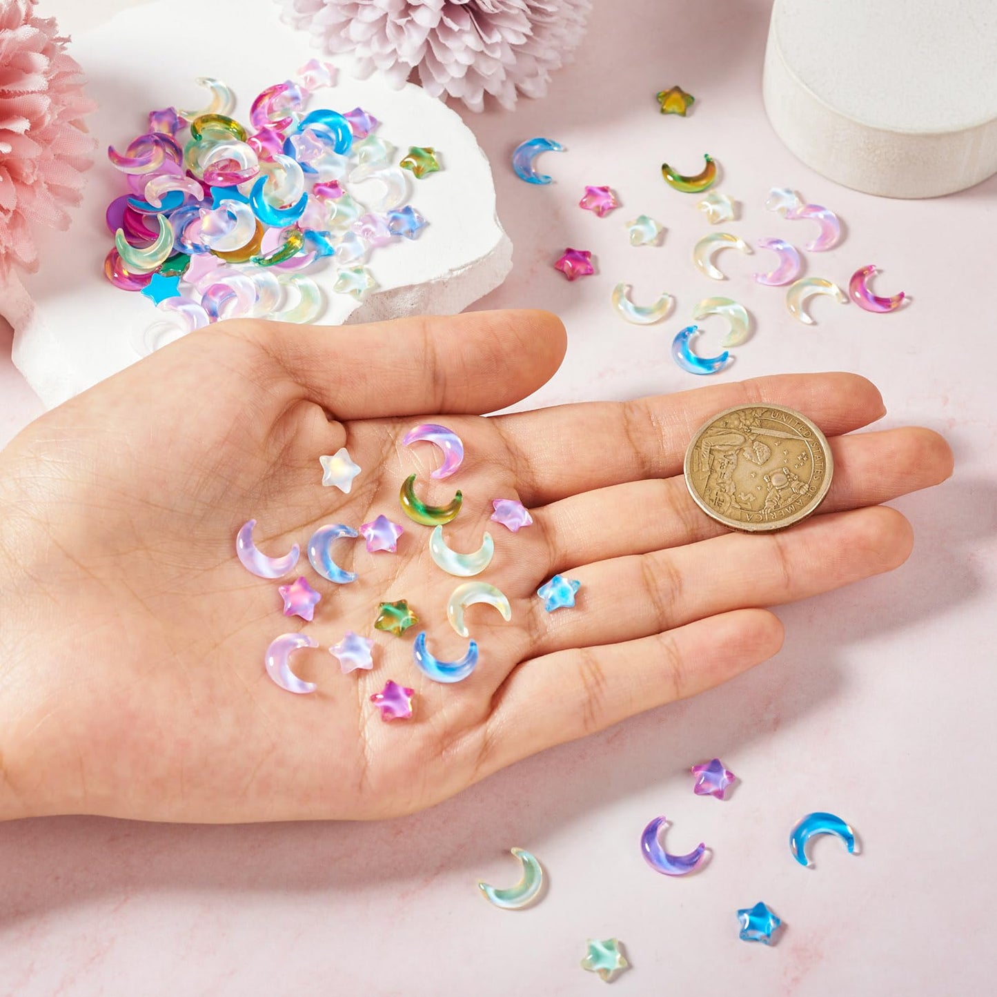 Boutigem 160Pcs Glass Cabochon Crescent Moon Star Crystal Gem Cabochon Accessories 7-11mm 20 Styles for Nail Art Phone Case Mirror Decoration Jewelry Making