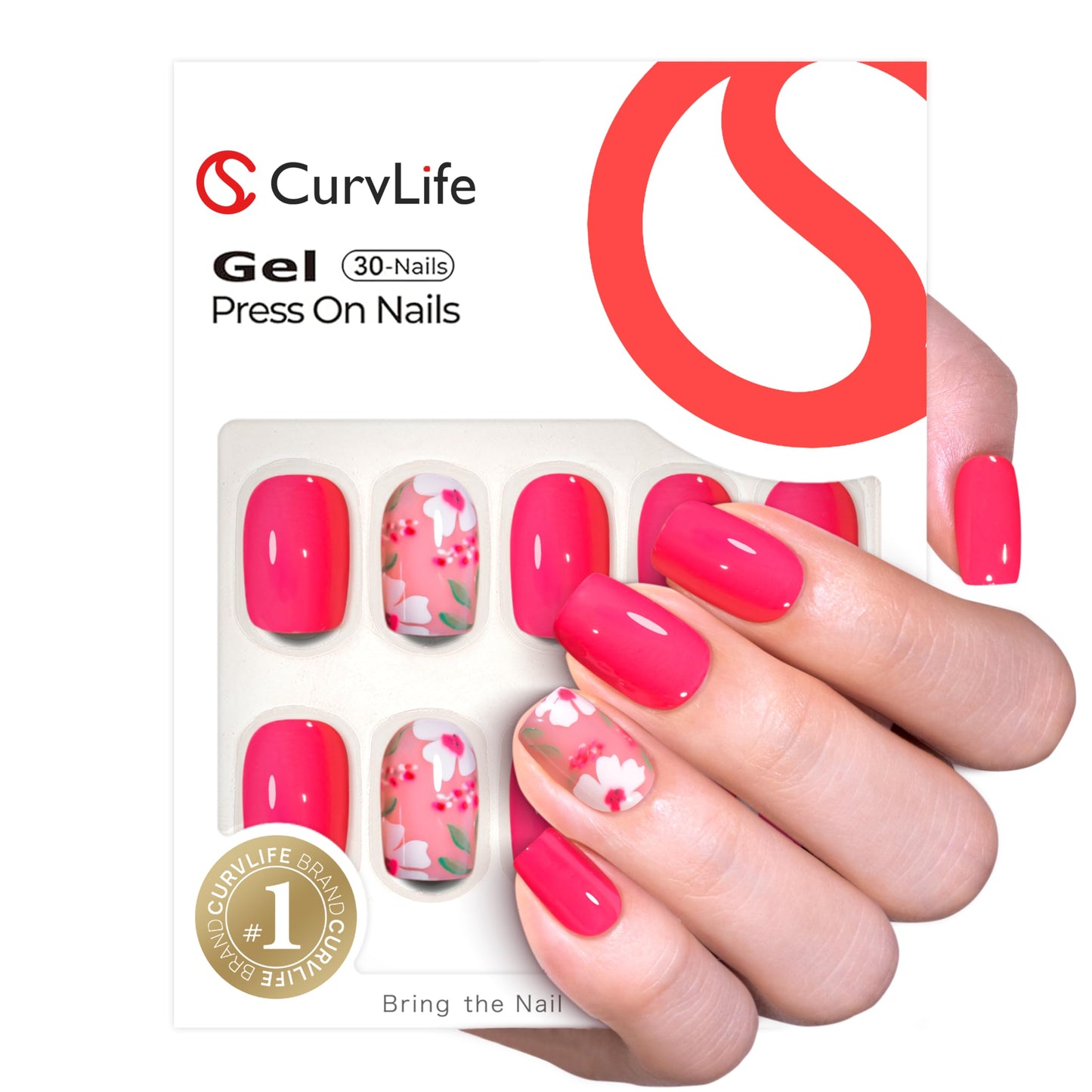 Curvlife Soft Gel Press on Nails with Scarlet Design Full Cover Fake Nails for Women Reusable Nail Kit with Nail Glue Adhesive Tabs