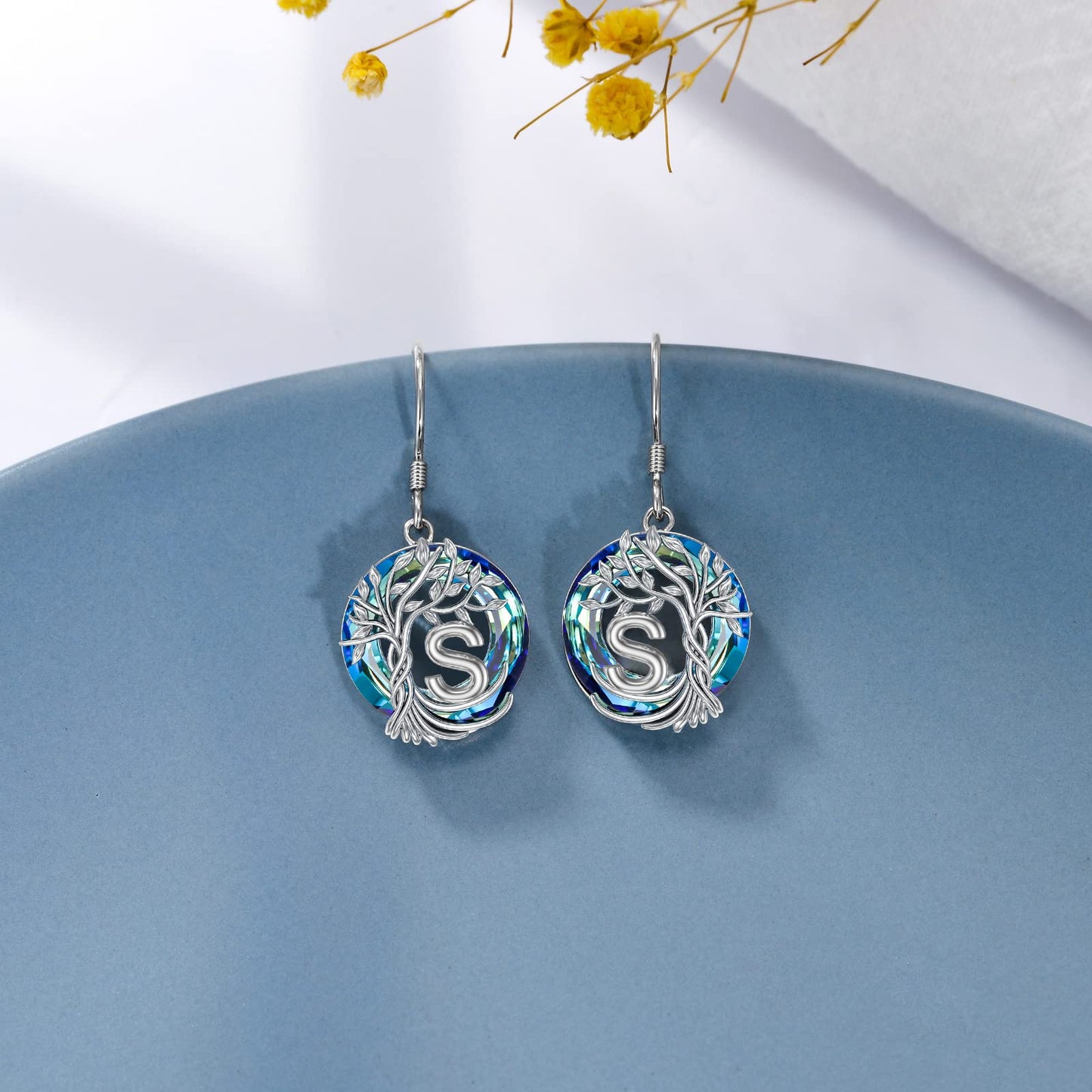 TOUPOP Tree of Life Initial Earrings Sterling Silver Initial S Letter Drop Dangle Earrings Blue Circle Crystal Family Tree Jewelry Birthday Mothers Day Gifts for Women Mom Her