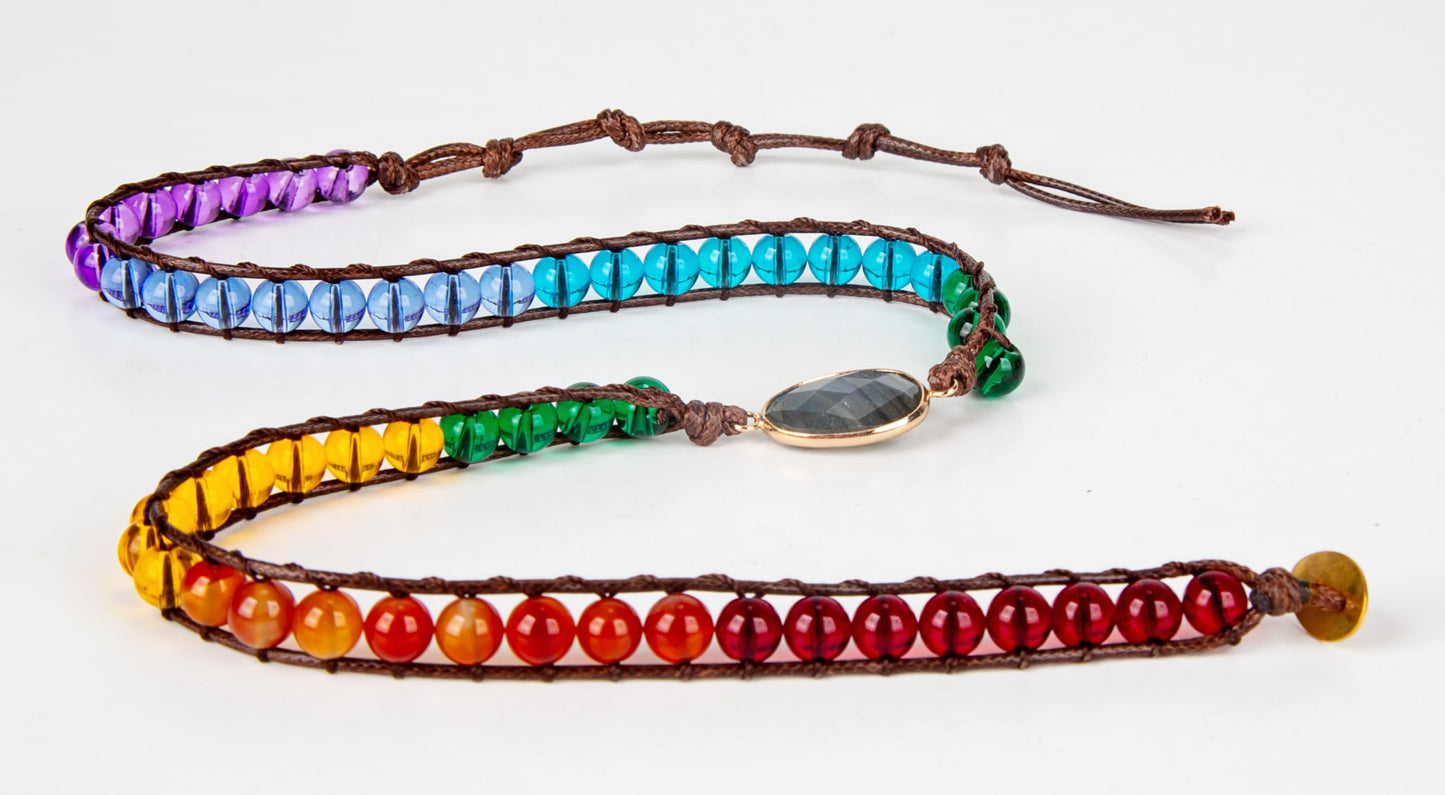SPUNKYsoul Chakra Awareness Balancing Leather 3 Wrap Crystal Bracelet with Hematite for Women (Brown 8mm Labradorite)