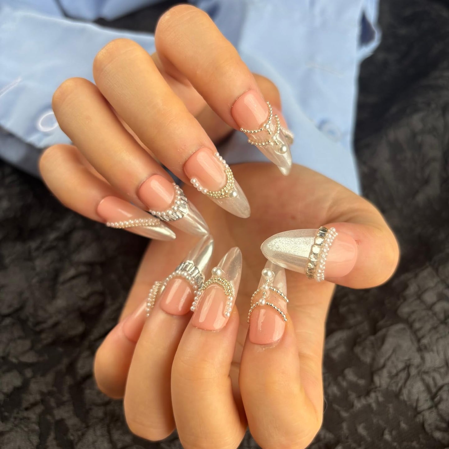 AKA Unicorn Large Trendy Handmade Press On French Nails Medium Almond Shape,10Pcs Thick Acrylic Fake Nails with 3D Pearl Cute Design Clip On Nail for Woman Gift