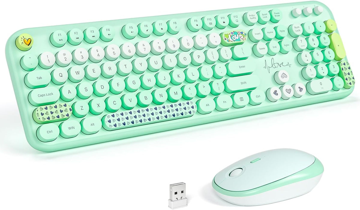 KNOWSQT Wireless Keyboard and Mouse Combo - Lovely Green Rainbow Full-Sized Typewriter Colorful Keyboards, Round Keycap USB Plug Play Retro Cute Keyboards for Windows, Laptop, PC, Desktop, Computer