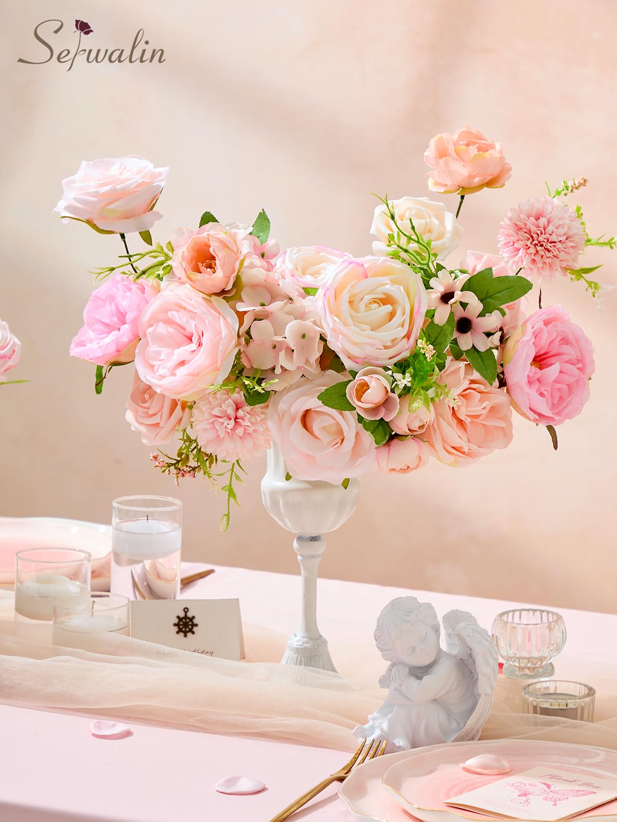 Serwalin Artificial Flowers Pink Flowers Fake Silk Flowers Wedding Cake Flowers for Wedding Bouquets Table Centerpieces Spring Decor Party Baby Shower Decoration