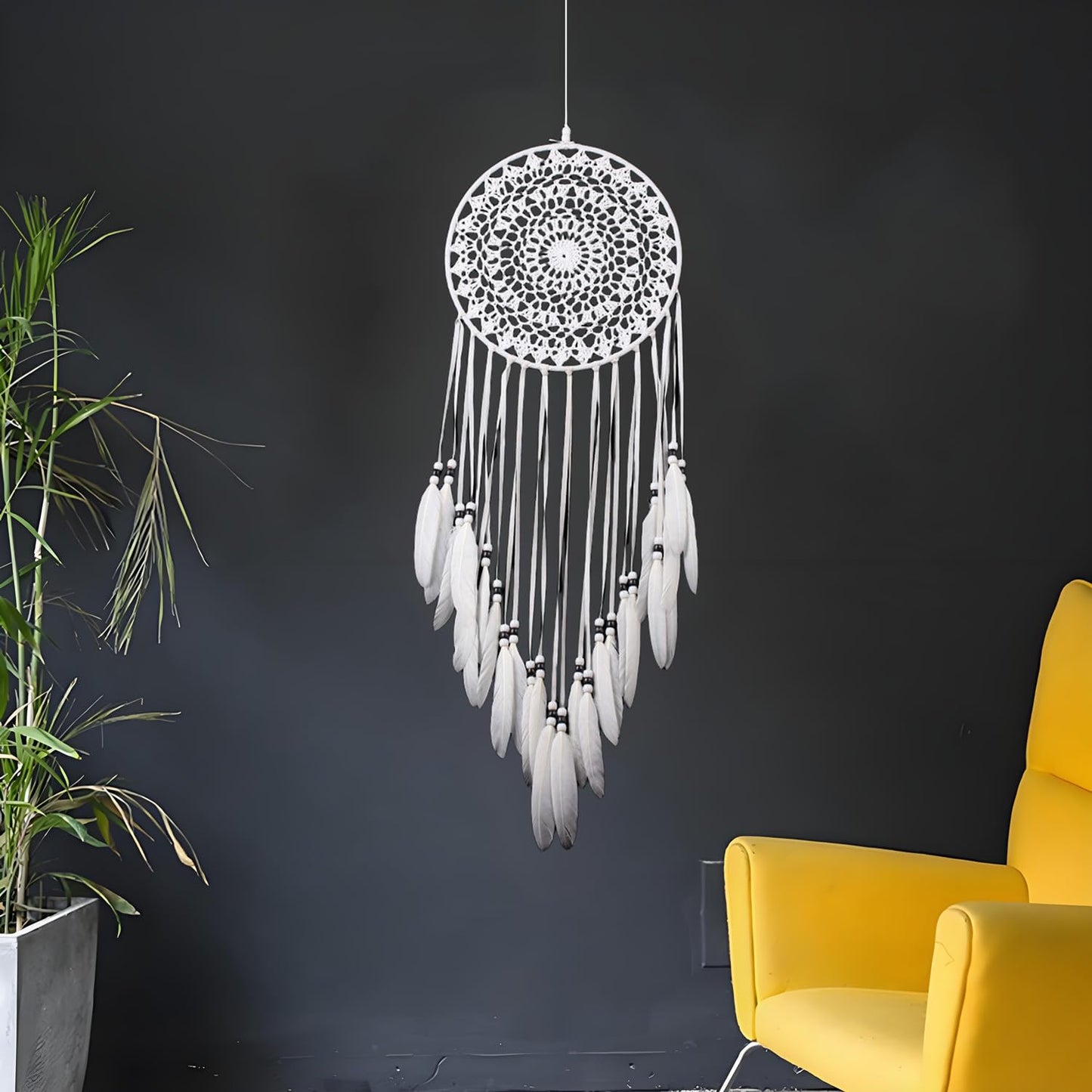 Large White Dream Catcher, Handmade Crochet Macrame Feather Dreamcatcher | Bohemian Wall Hanging Home Decor for Bedroom, Nursery, Living Room & Wedding.