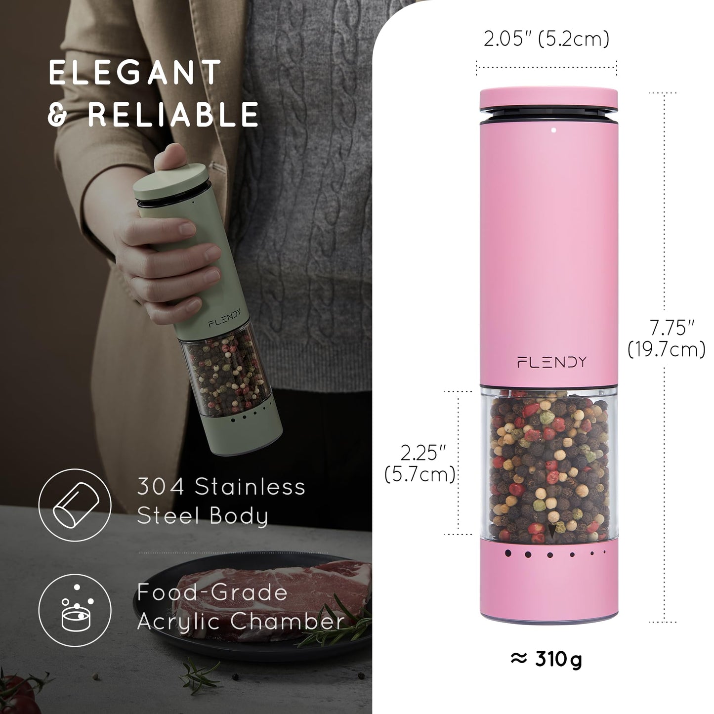 Flendy Electric Salt and Pepper Grinder Set Rechargeable, Automatic Salt and Pepper Grinder Set with Oversized Top Button, Stainless Steel Electric Salt and Pepper Shakers Set
