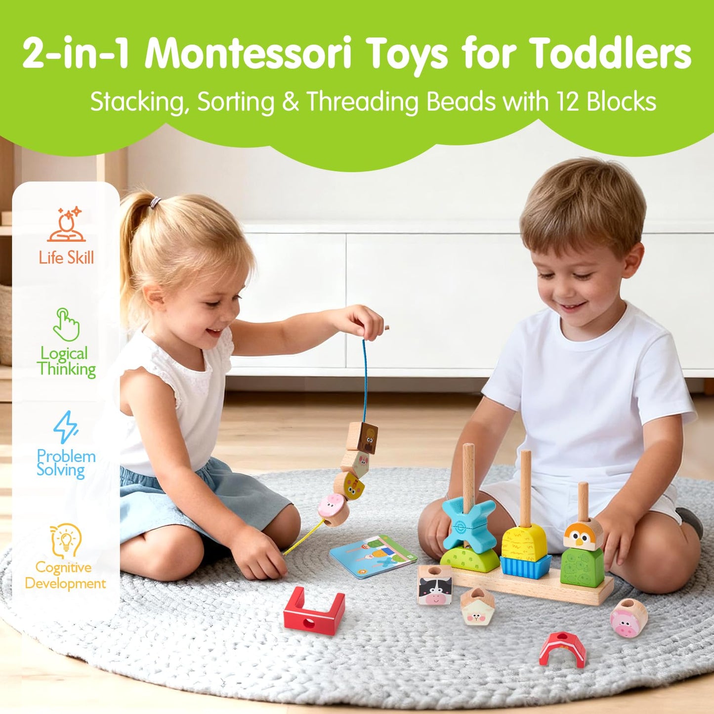 hahaland Montessori Wooden Brain Building Block for Toddler 1-3 Stacking Toy Day & Night Puzzle Game with 24 Challenges Toddler Lacing Stringing Beads for Ages 1 2 3 Preschool Learning Activities