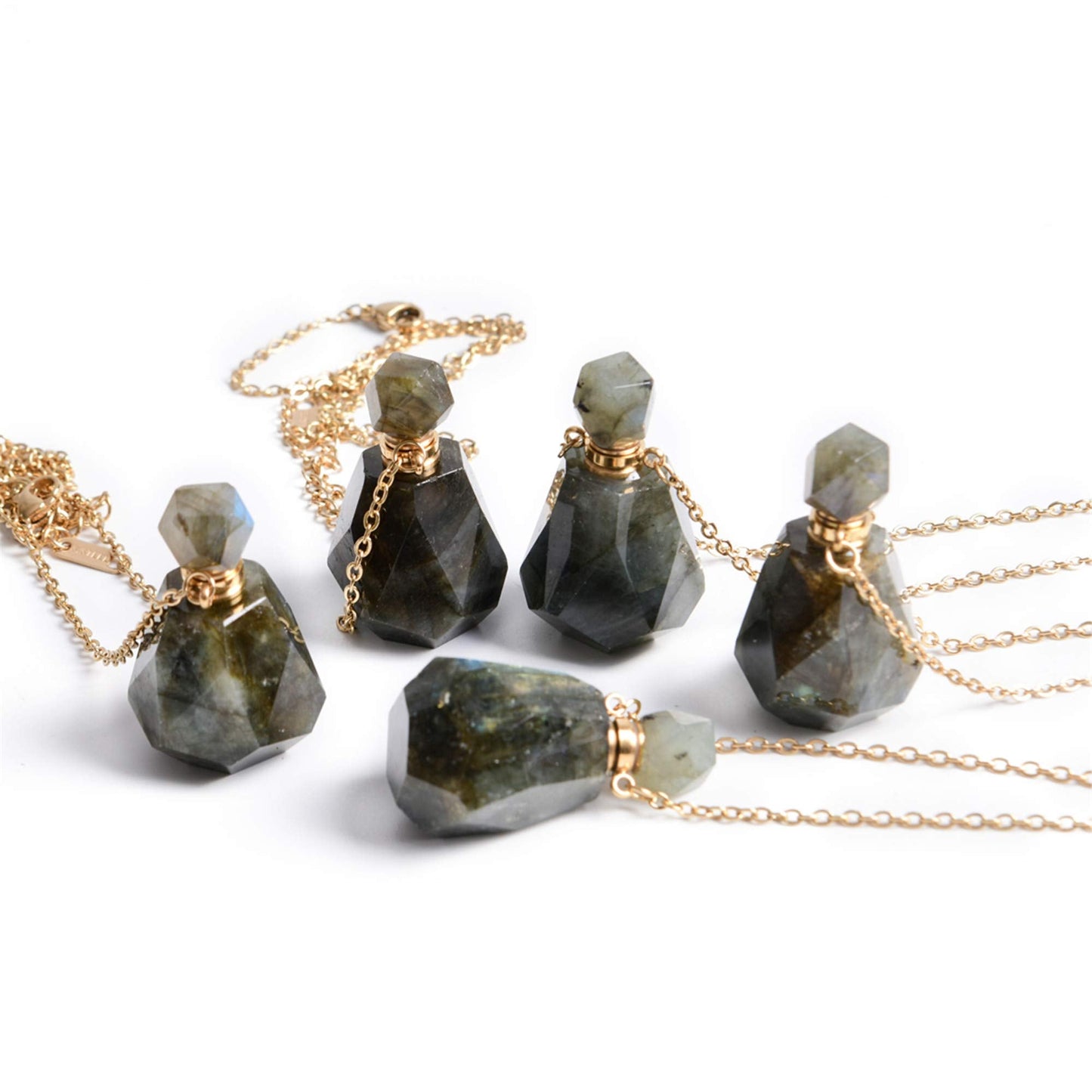 YGLINE Labradorite Perfume Locket Necklace Aromatherapy Essential Oil Diffuser Natural Stone Pendant Necklace for Women