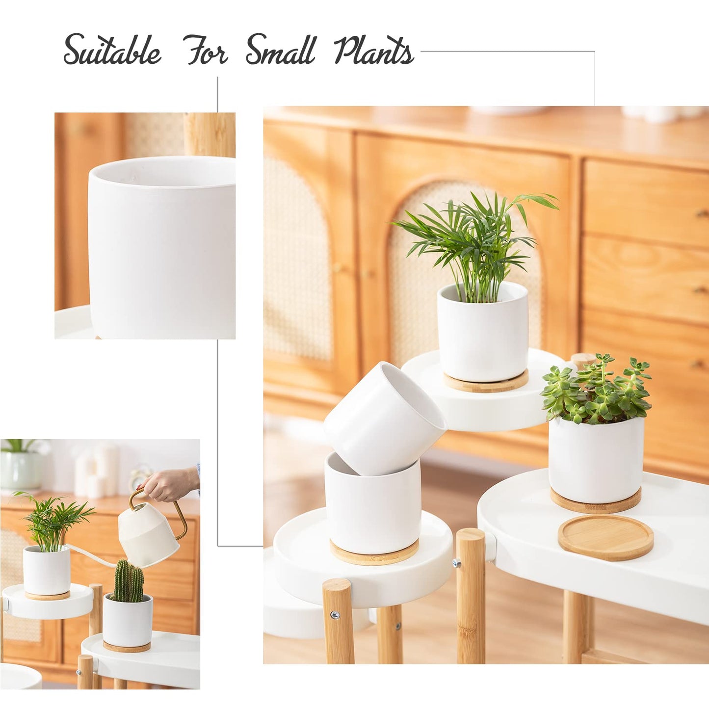 OMAYKEY 4 Inch Ceramic Plant Pot with Saucer, White Planters Pots with Drainage Hole and Mesh Pads for Succulent, Snake, Cactus, Herbs - 4 Packs(Plant Not Included)