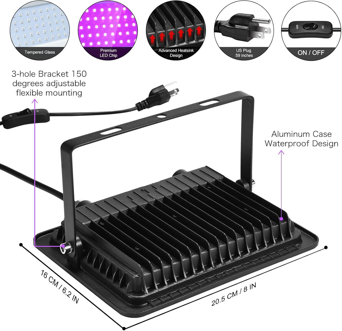 2 Pack 150W Black Light Flood Light, Blacklight with Plug, IP66 Waterproof for Glow Party, Halloween, Neon Glow, Aquarium,Fluorescent Poster,Body Paint,Glow in The Dark