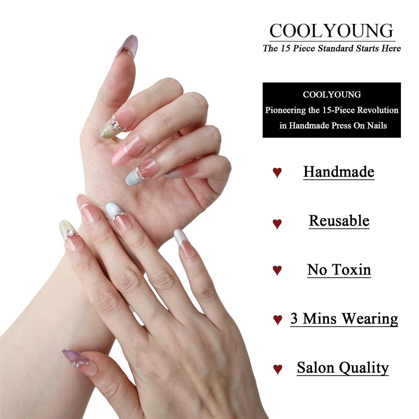 Handmade Press On Nails Short Almond Reusable Press On Nails Women Gifts French Rainbow Nails COOLYOUNG Handmade Nails, 15 PCS, Size M
