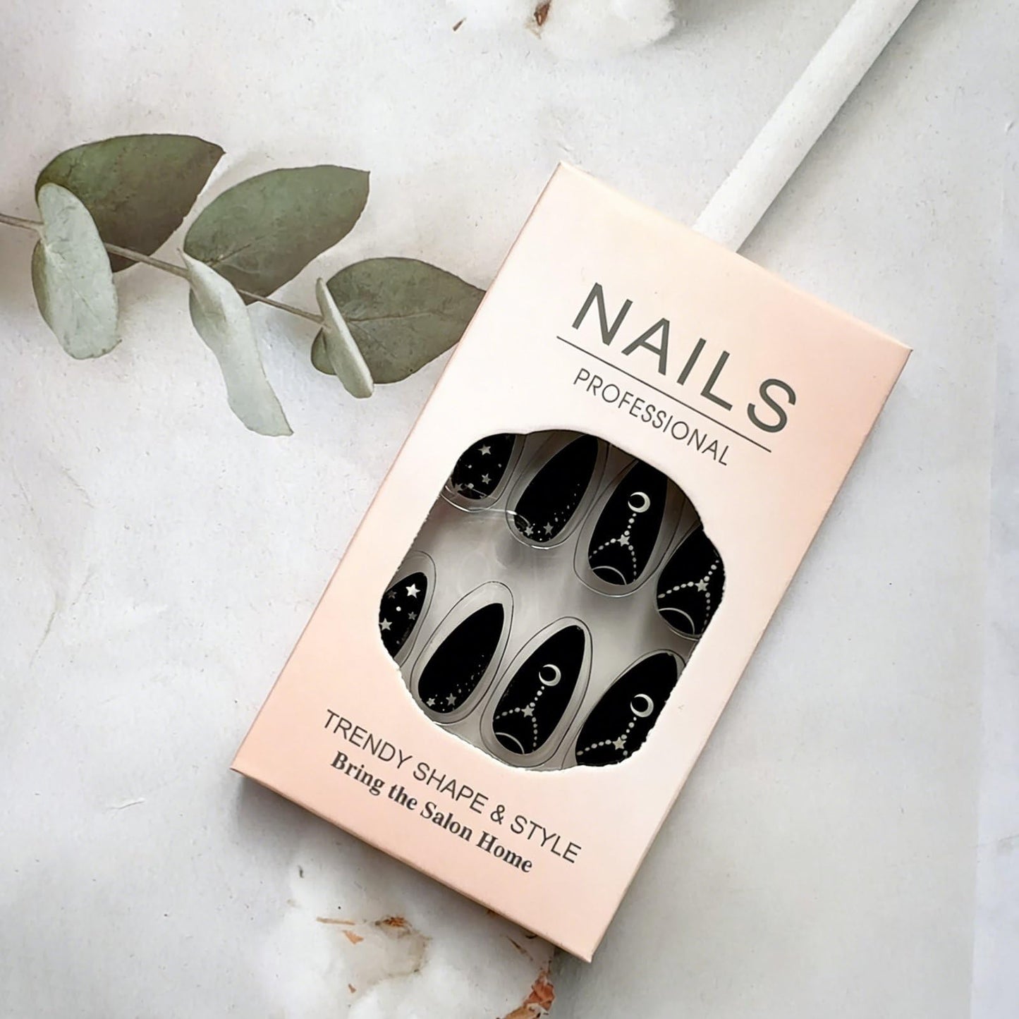 Medium Press on Nails Black Fake Nails Starry Night False Nails with Moon Star Chain Design Almond Shape Artificial Nails Full Cover Starry Sky Acrylic Nails Matte Stick on Nails for Women 24Pcs