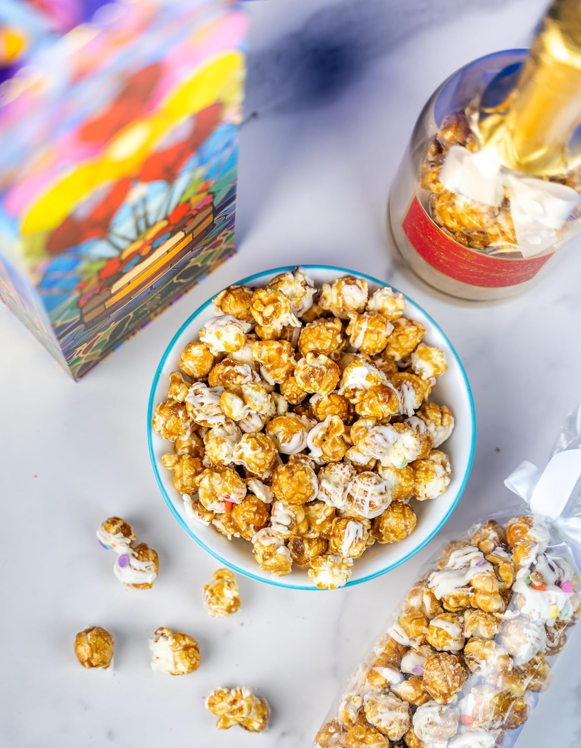 Birthday Bubble Box with Caramel White Chocolate Popcorn by Send A Cake, Ready to Gift, No Assembly Required - Happy Birthday Surprise - Unique Gift for Women, Men, Adult, Kids