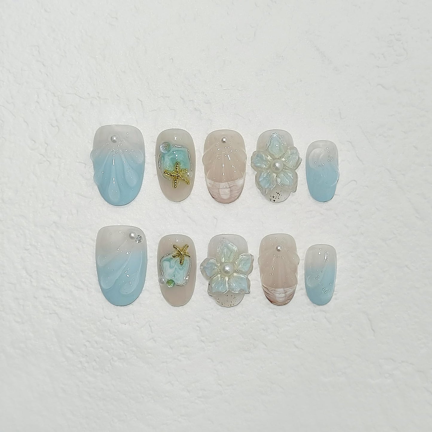 TENPAL Blue French Tips Press on Nails Short Oval,Isle Blue Gradient & Hand-Sculpted Conch Relief False Nails,Ocean Whisper Fake Nails Kit,Glossy Cute Artisan Coastal Zen Nail Art with Tools 10pcs(L)
