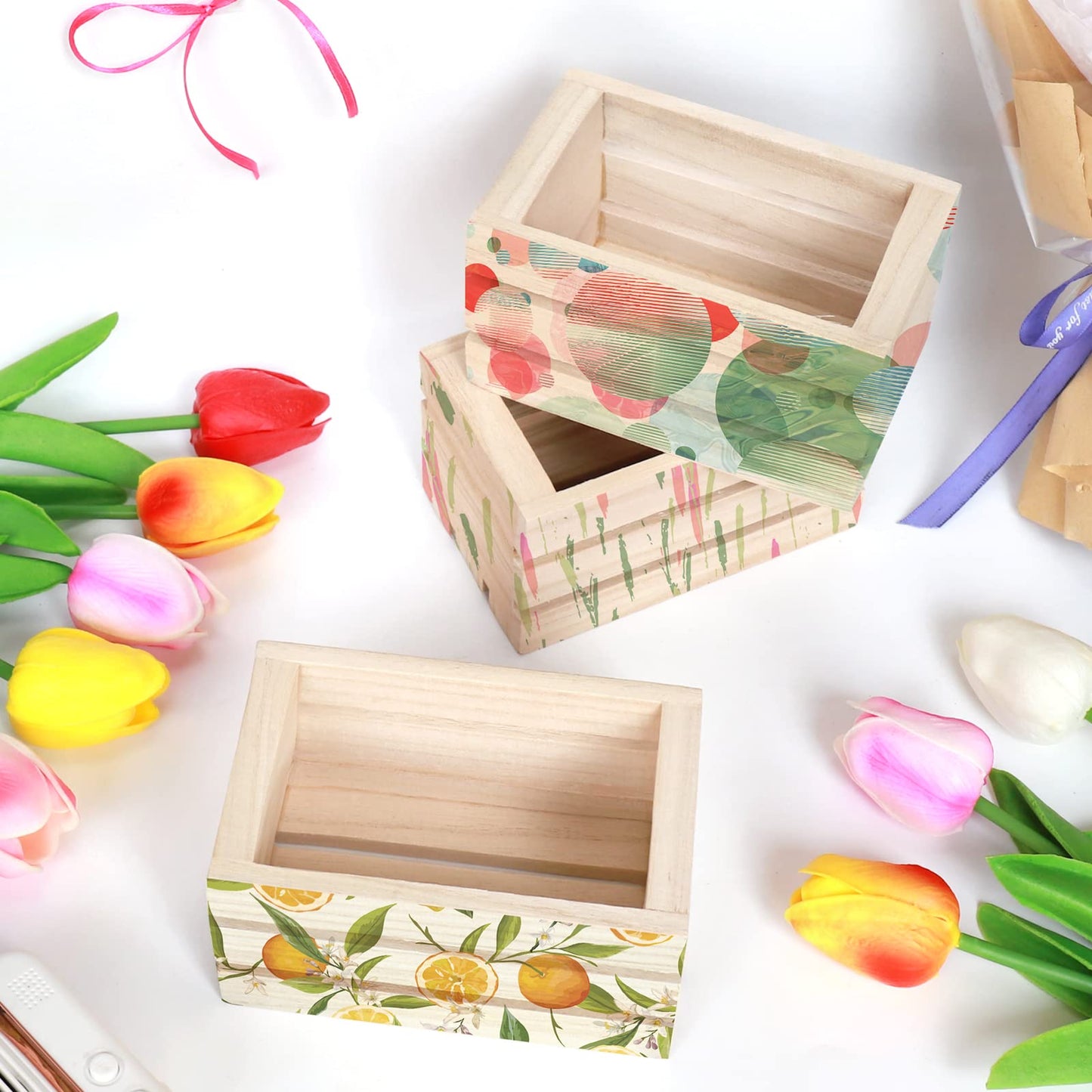 4 Pack Mini Rustic Wooden Crates, Decorative Wood Crates Unfinished Wood Box, Crate Box Wooden Storage Box for Kitchen, Office, Bedroom, Closet, Rustic Country Decor