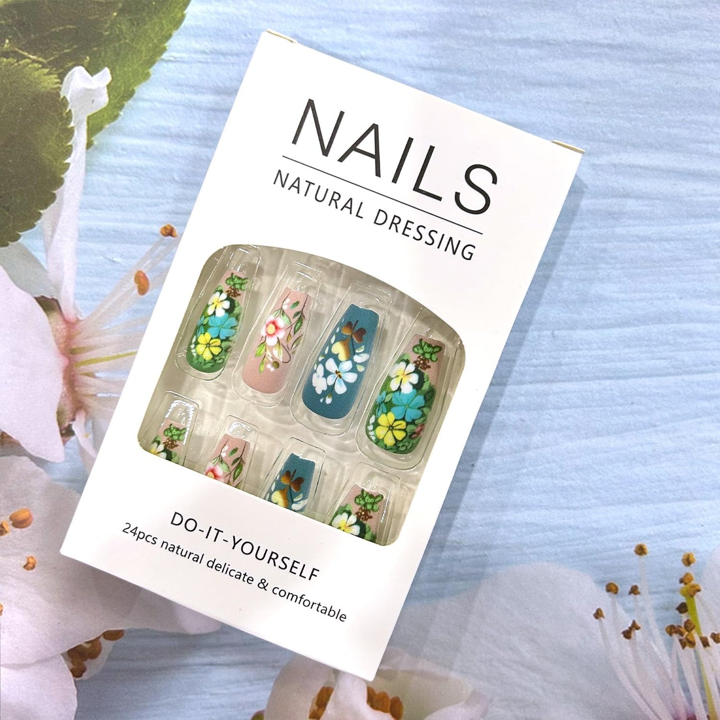 Green Press on Nails Medium Flower False Nails Ballet Shaped Acrylic Nails Colorful Floral Design Full Cover Stick on Nails Glossy Coffin Nails Reusable Glue on Nails Artificial Nails for Women 24Pcs