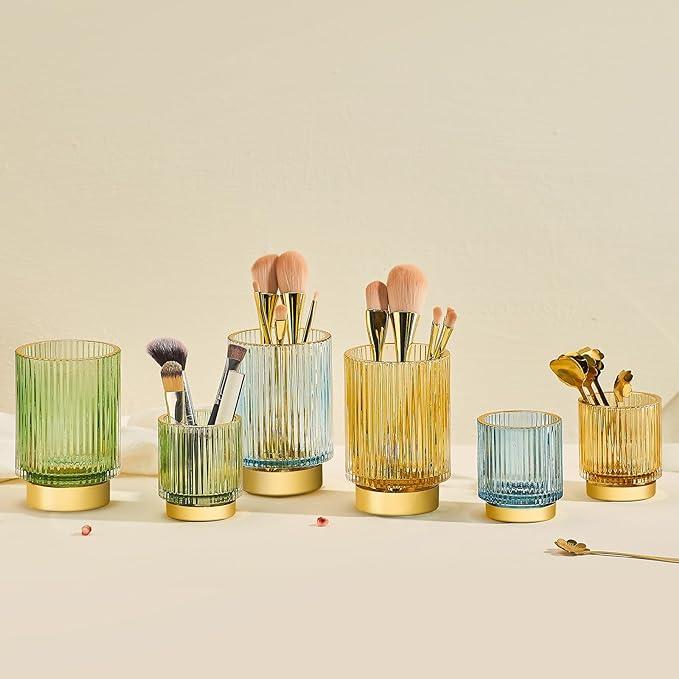 Makeup Brush Holder Organizer,Toothbrush Holders,Desk Pen Pencil Holder,Multifunctional Vintage Glass Brush Cup（S+L/Gold/A3-2-US）