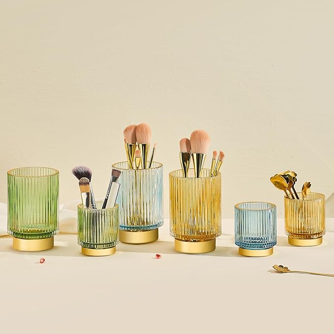 Makeup Brush Holder Organizer,Toothbrush Holders,Desk Pen Pencil Holder,Multifunctional Vintage Glass Brush Cup（L/Gold/A3-7-US）