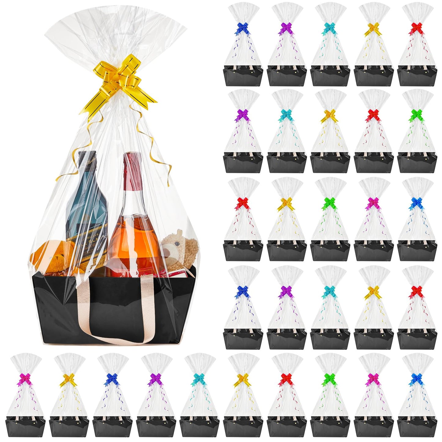 Tuanse 30 Pcs Basket for Gift Empty DIY Bulk Gift Basket Kit with Handle Kraft Cardboard Tray with 30 Bag 30 Bow Market Tray for Wedding Party(Black,12.6 x 9.8 x 5.9 in)