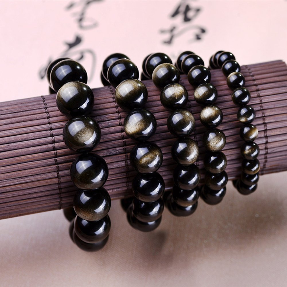 JAJAFOOK Tibetan 28 Mala Bead Gold Obsidian Buddhist Buddha Prayer Beads Bracelet,Stretch String,Unisex