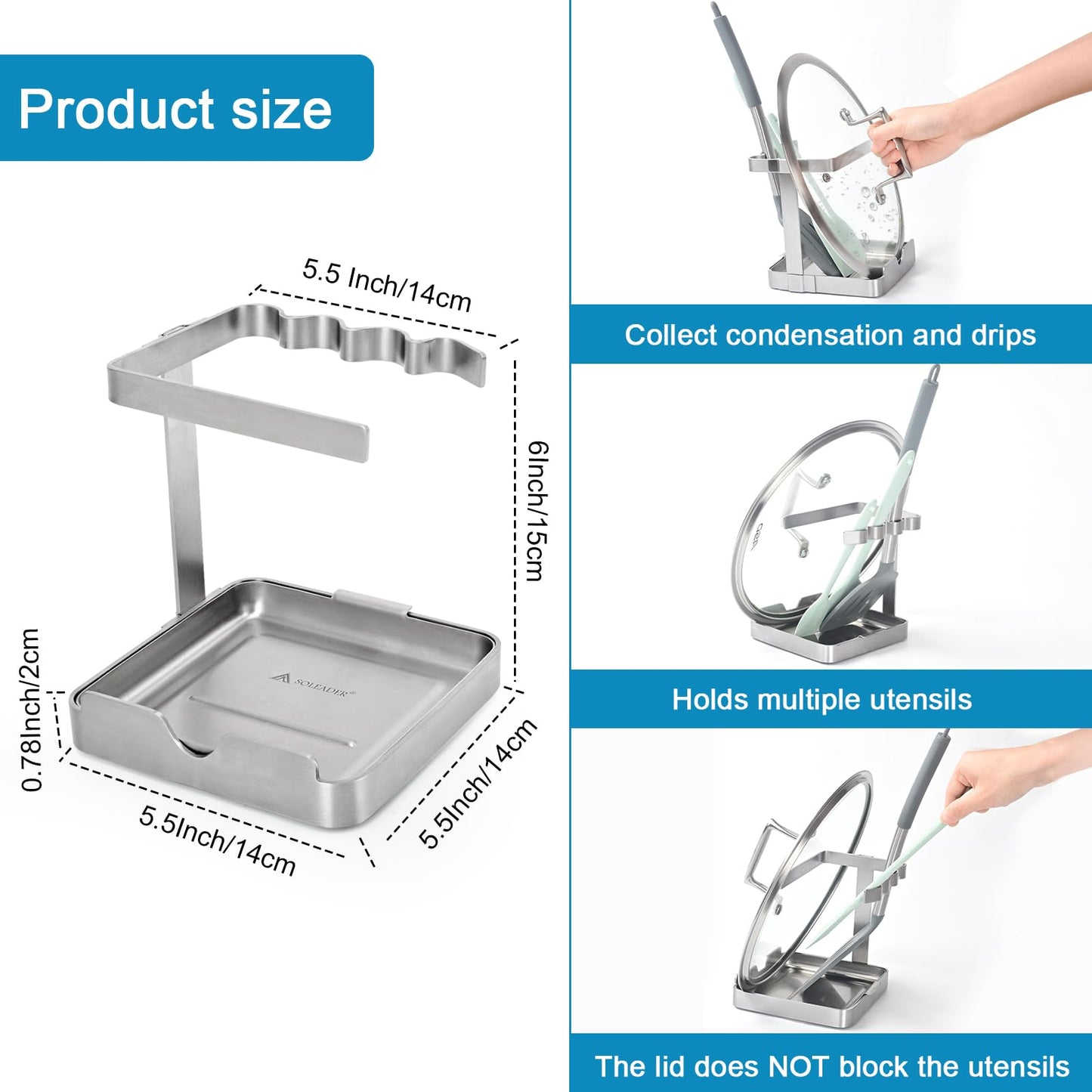 SOLEADER Pot Lid Holder While Cooking, 2 in 1 Stainless Steel Upright Spoon Rest with Drip Tray, Space Saving Kitchen Utensil Organizer for Stove Top Countertop, Lid Rack for Pots and Pans