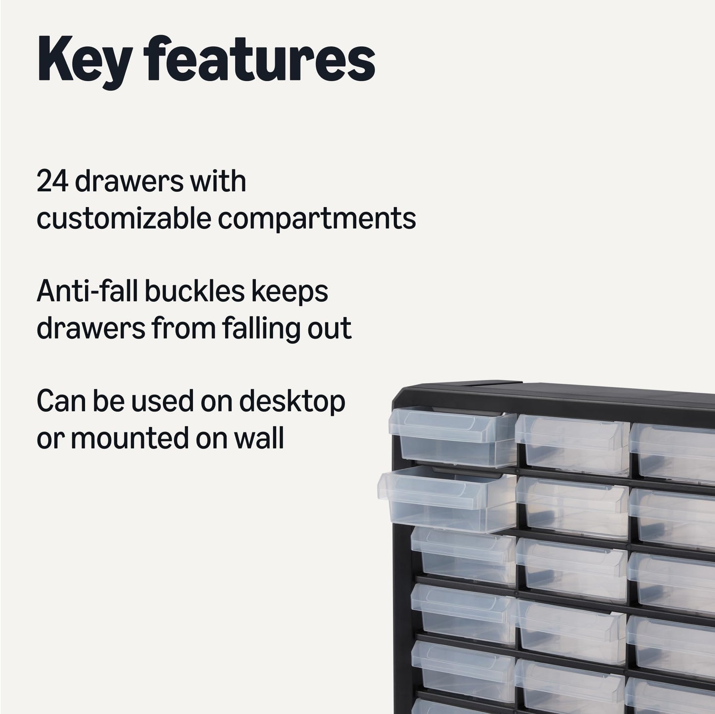 Amazon Basics 24-Drawer Plastic Storage Organizer with Dividers for Office/Craft/Tools, Wall Mountable, Sturdy, 6.3 x 21.3 x 15.8 inch, Black