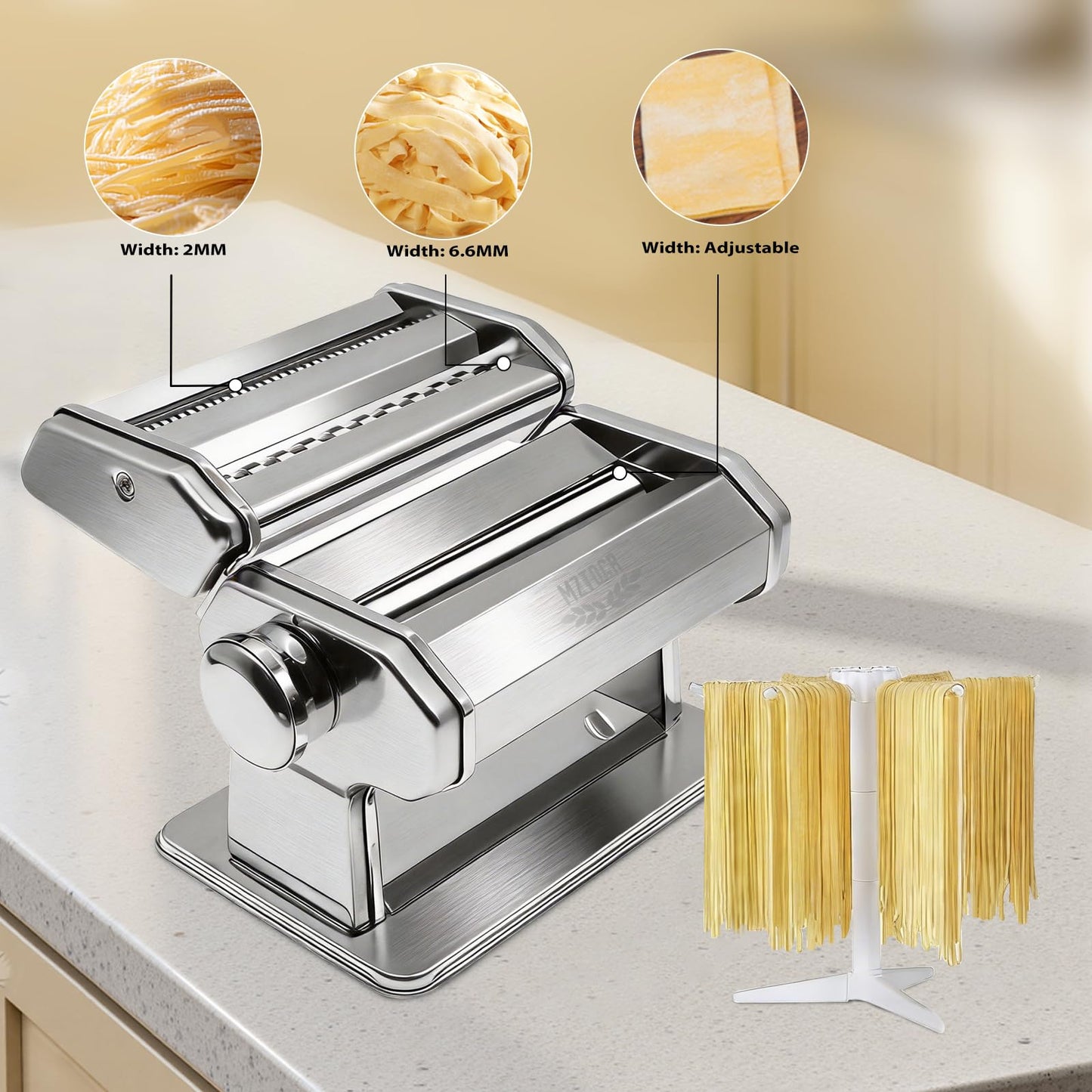 MZTOGR Pasta Maker Machine with 9 Adjustable Thickness Settings, 2 in 1 Noodle Maker Includes Pasta Cutter, Ravioli Maker Attachment & Pasta Drying Rack