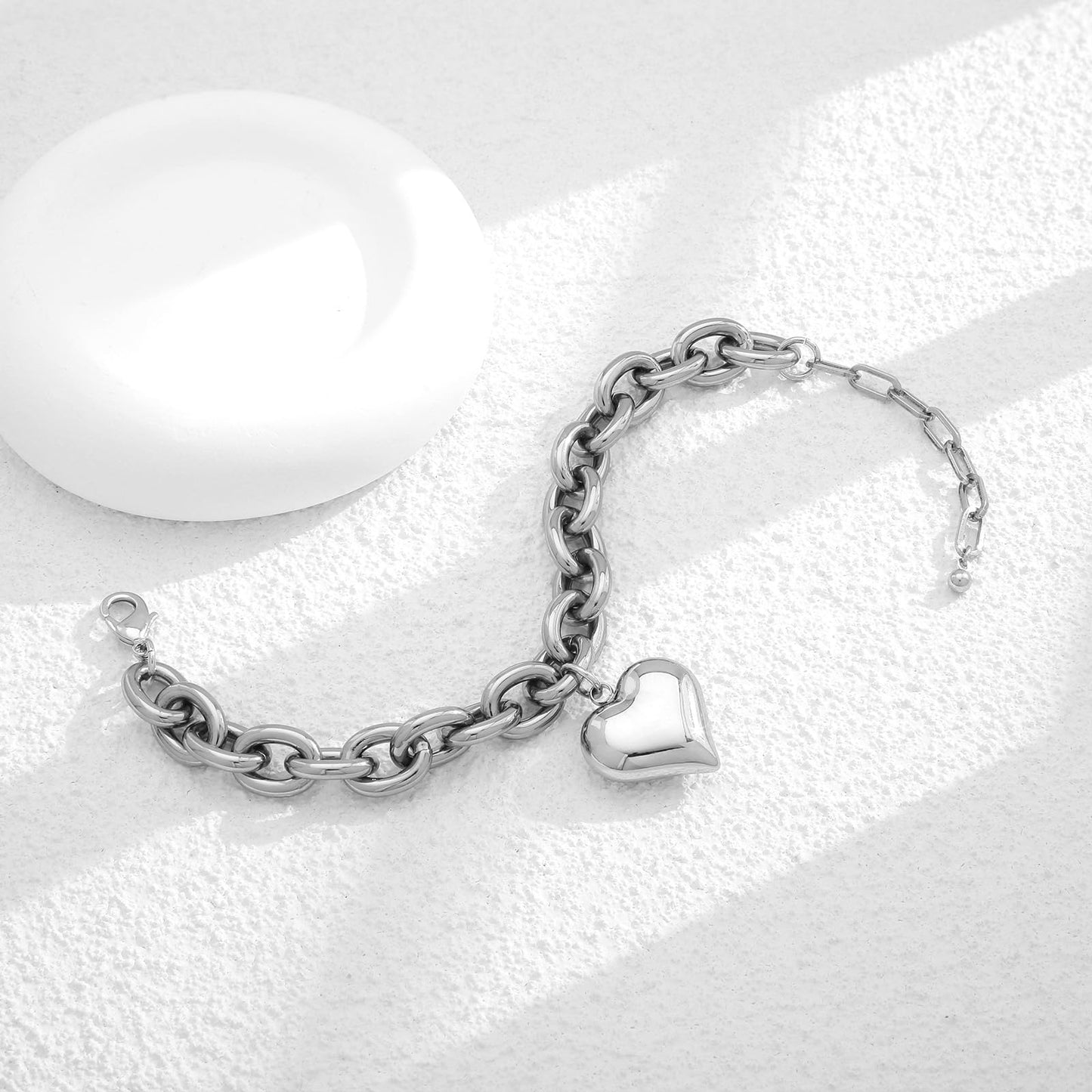 ENSKEFEN Puffy Heart Silver Charm Bracelets for Women Chunky Love Heart Link Chain Bracelets Adjustable White Gold Bangle Bracelet Stackable Jewelry