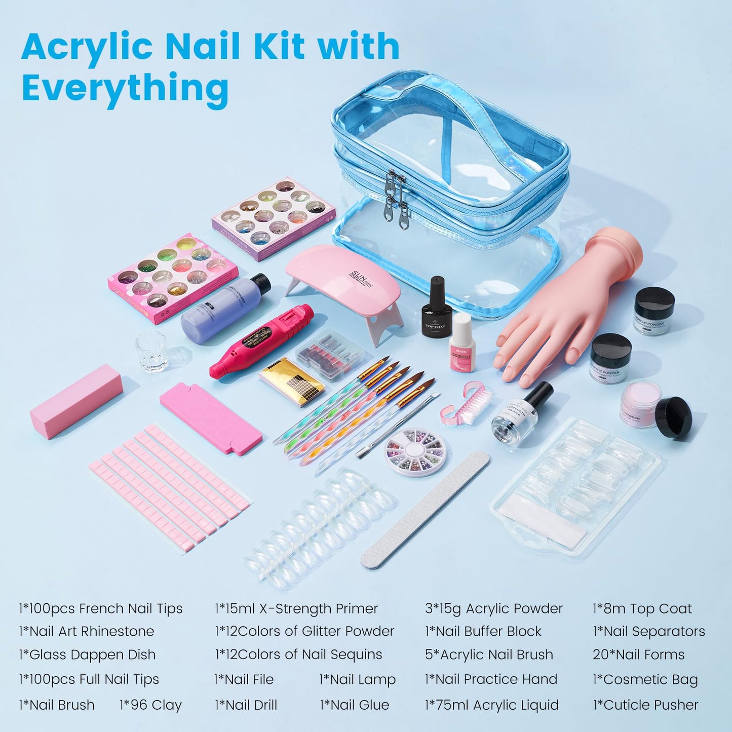 Nail Kit for Beginners with Everything: Professional Acrylic Powder Liquid Set with Nail Practice Hand Drill U V Light in Cosmetic Bag Gift for Women Salon Home (Blue)