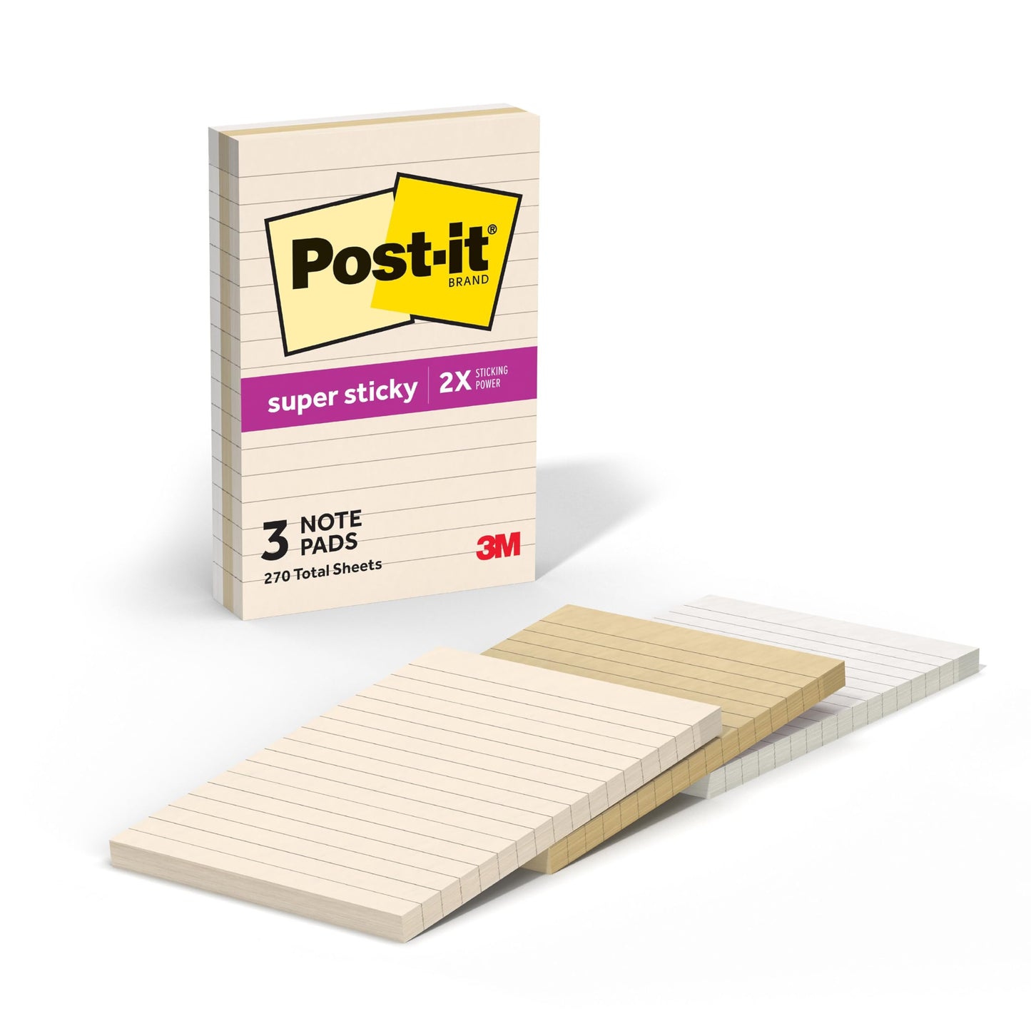Post-it Super Sticky Notes, 3 Lined Sticky Notes Pads, 4 x 6 in., School Supplies and Oﬃce Supplies, 2X the Sticking Power, Neutrality Collection