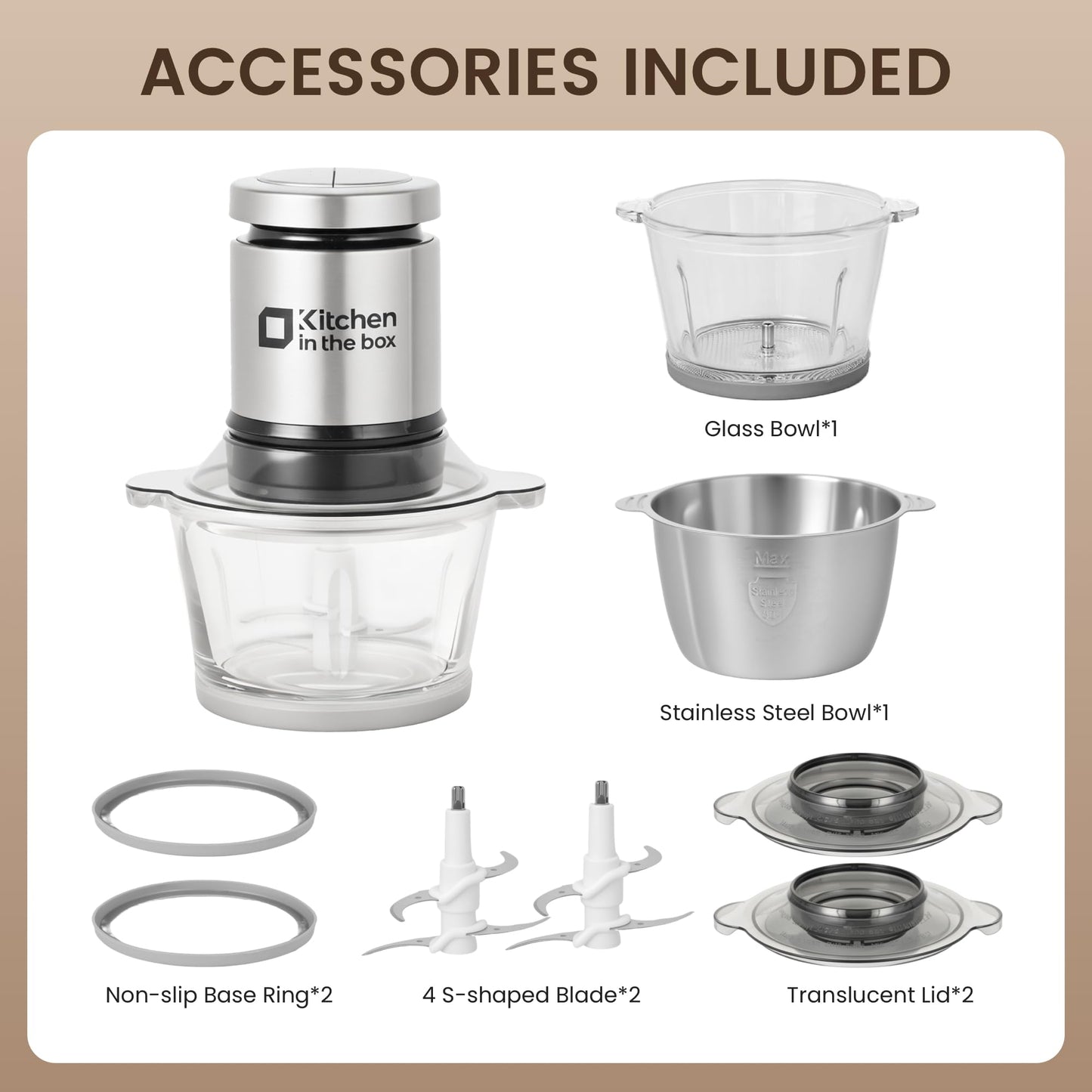 Kitchen in the box Food Processor, Electric Meat Grinder & Food Chopper with 400W Powerful Veggie Chopper-2 Bowls（8 Cup+8 Cup） & 2 Bi-Level Blades for Meat/Fish/Vegetable/Baby Food（Black Button）