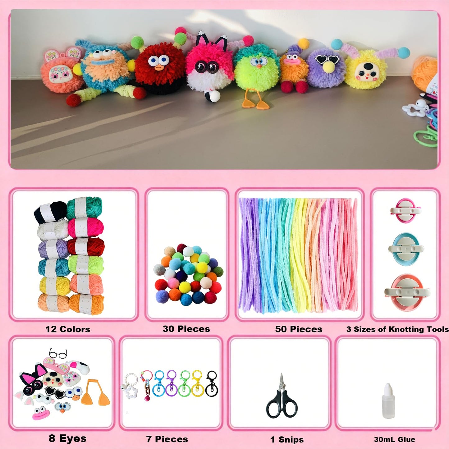 Pom Poms Maker Kit ,DIY Keychain Making Supplies,Craft Kit for Adult