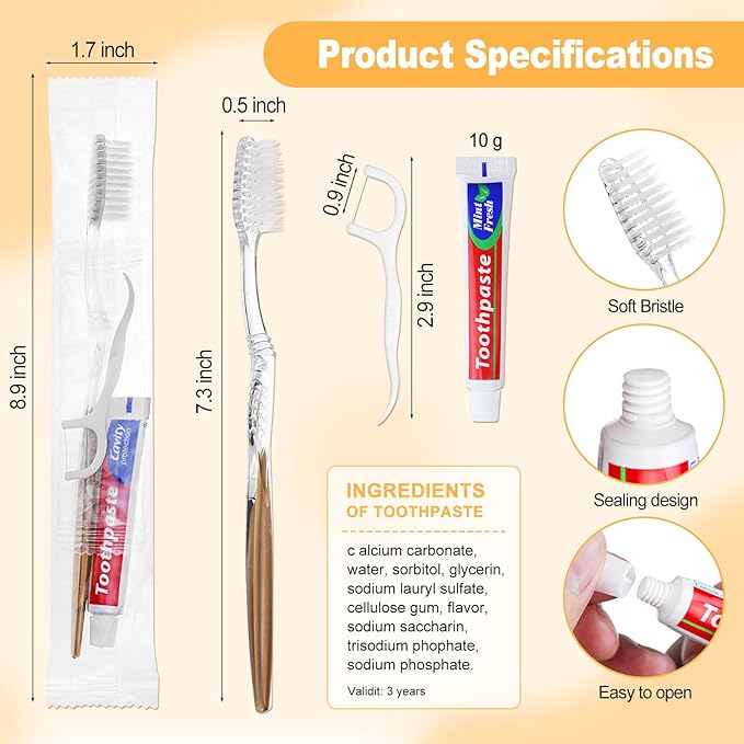 10pcs Disposable Toothbrushes with Toothpaste Floss Individually Wrapped, Disposable Toothbrush Bulk, 10g Toothpaste, Dental Floss Pick, Bulk Toothbrush Kit for Homeless,Airbnb,Hotel,Guest