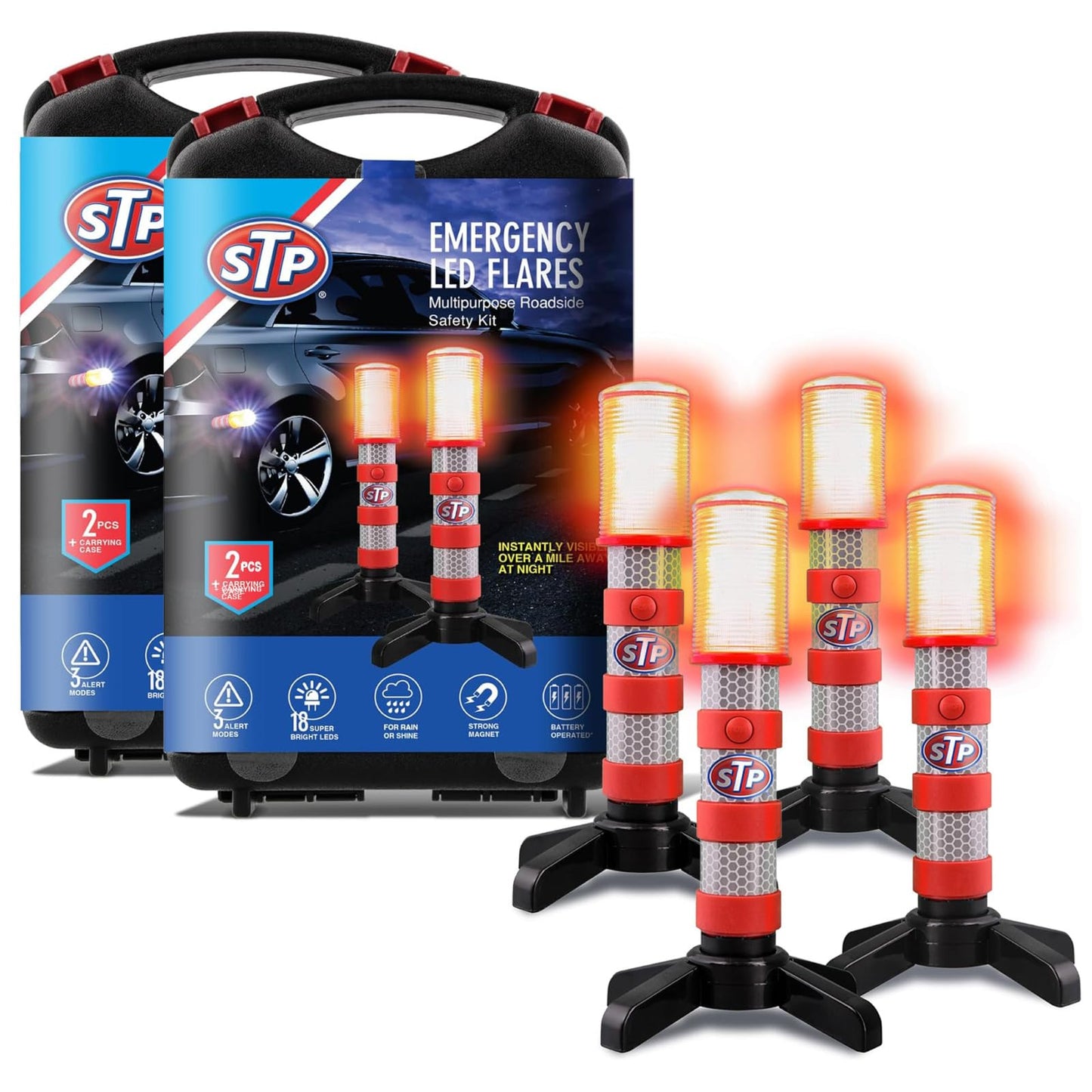 XTREME STP LED Road Flares, 3 Alert Lighting Modes: Flashing Red, Solid Red & White Flashlight, Emergency Flares for Vehicles, Visible From Up To A Mile, Foldable Stand/Built-In Magnet Sticks To Car