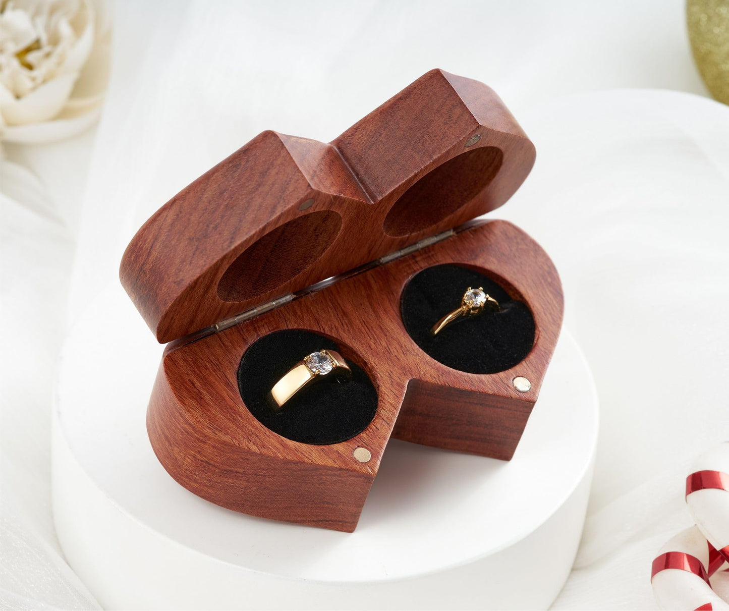 Handicraftviet Ring Box Mr and Mrs – Handmade Heart Shape Ring Box for Wedding Ceremony, Wedding Ring Holder Small Engraved for Engagement/Proposal, Rustic Ring Boxes (Wood Ring Holder)