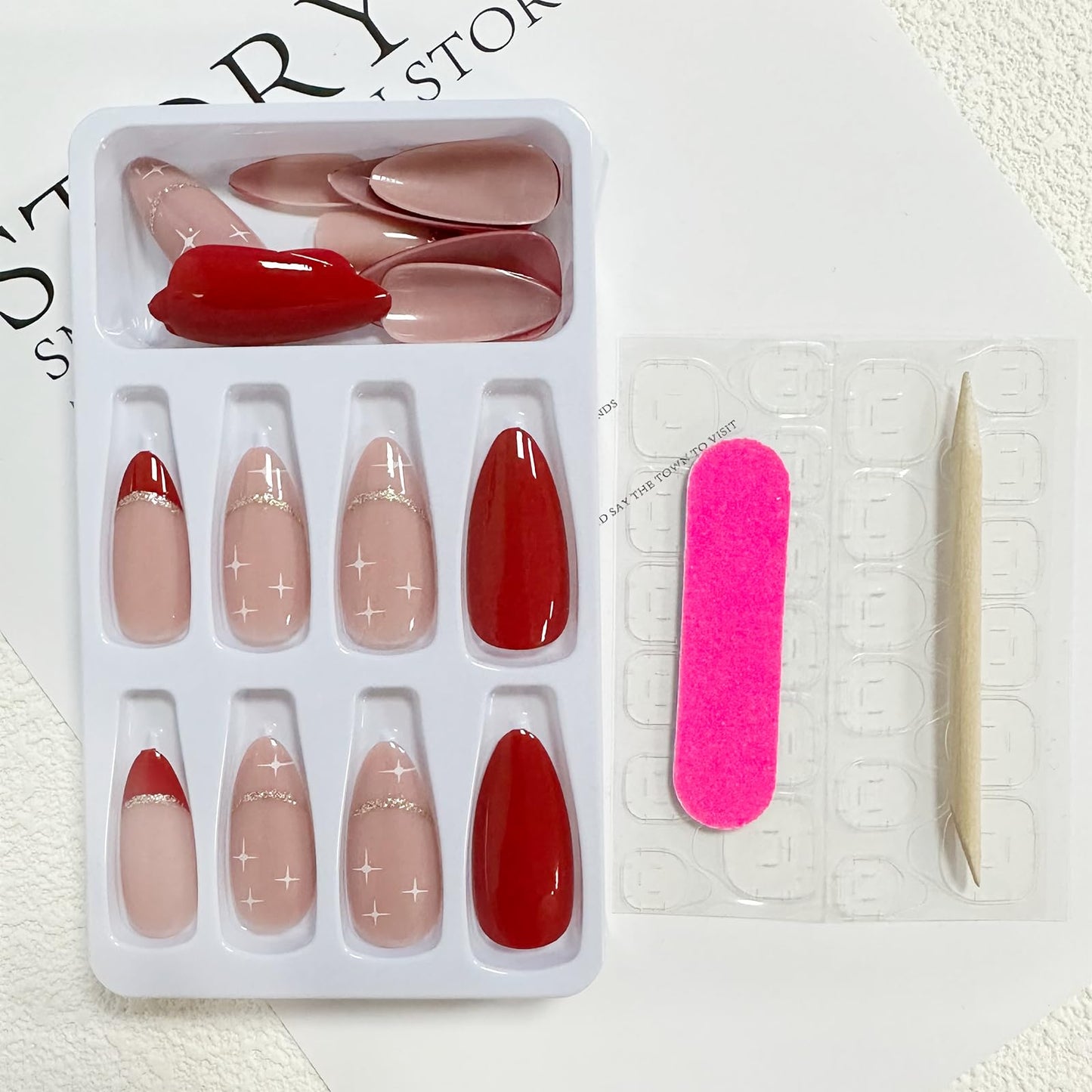 FJSMTOPl Red Press on Nails - Medium Almond Fake Nails - French Tip False Nails Press ons - Christmas Glossy Full Cover Glue on Nails - Acrylic Artificial Stick on Nail for Women Manicure 24Pcs