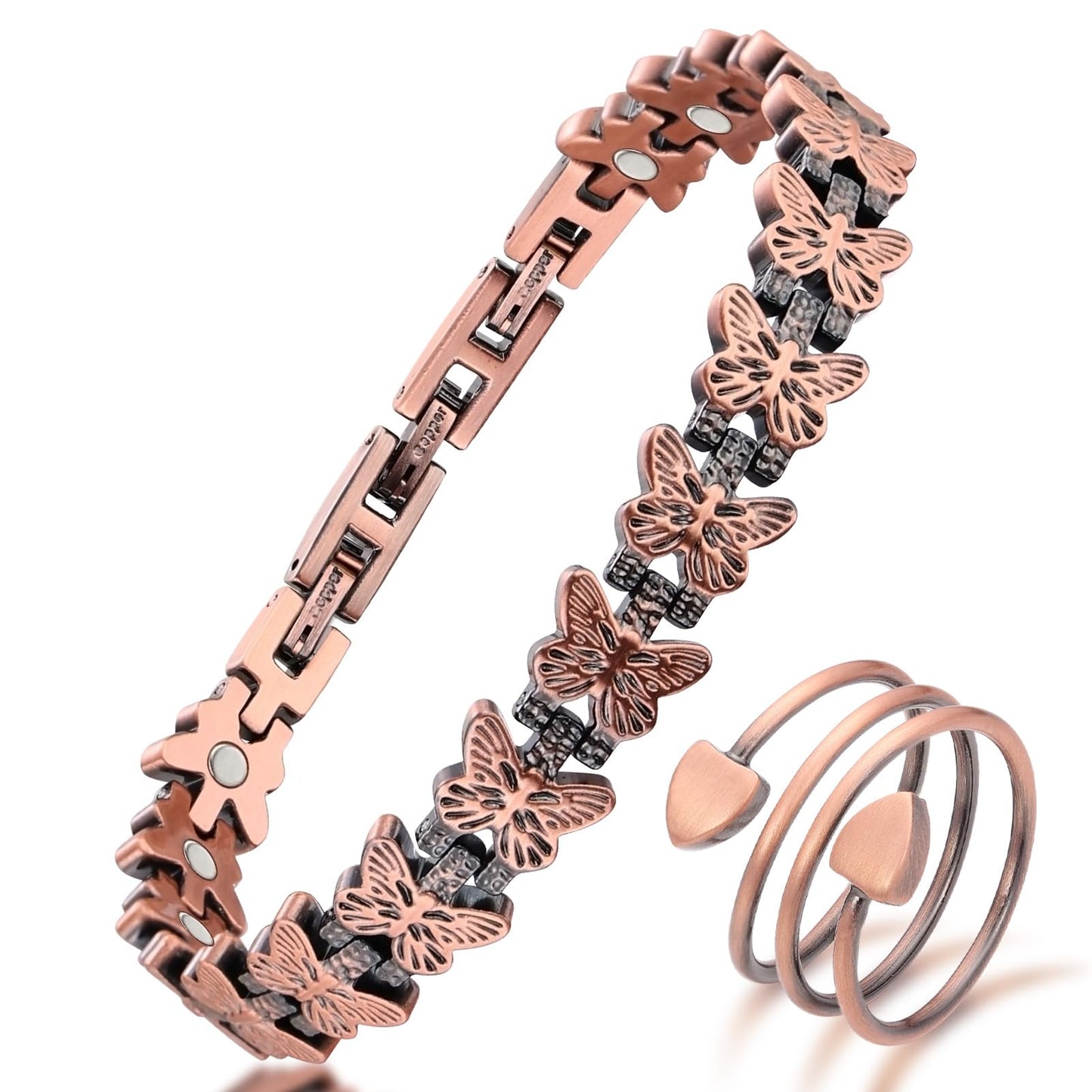 MagEnergy Copper Bracelet for Women, 99.99% Pure Solid Copper Bracelet with 3500 Gauss Magnetic, Adjustable, Jewelry Gift (Copper-Butterfly+Ring/A)