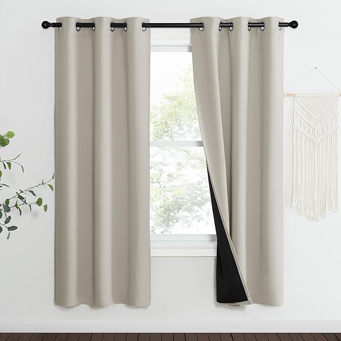 NICETOWN Natural Blackout Curtains 70 inches Long, 2 Pieces, 37" Wide Each Panel, Full Light Blocking Drapes with Black Liner for Nursery, Noise Reducing Thermal Insulated Draperies for Doorway