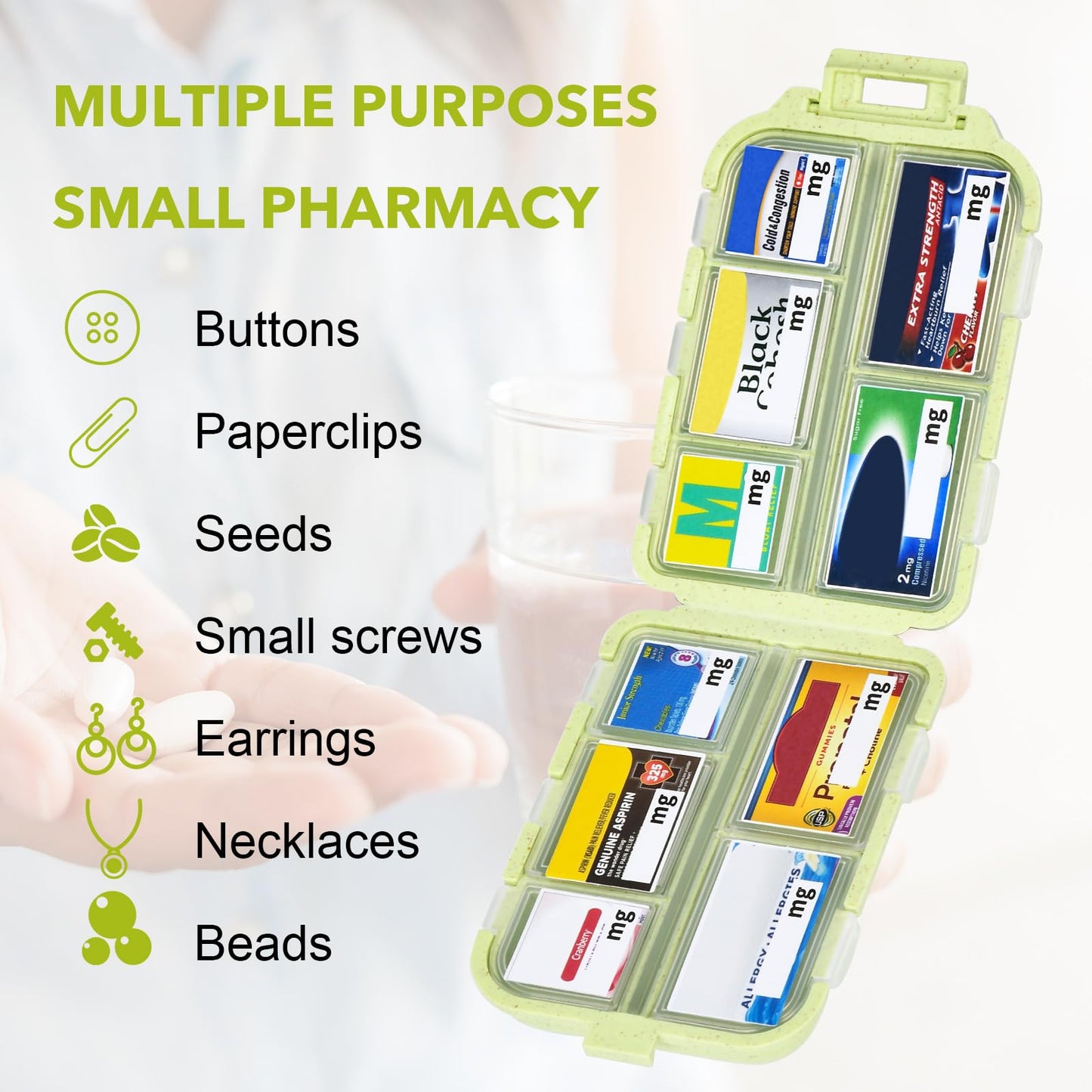 Travel Medicine Kit with 189 Labels, Pill Cases Organizers 7 Day Compact Pill Organizer Mini Pill Case Pill Storage Organizer (Yellow, 1 Pack)
