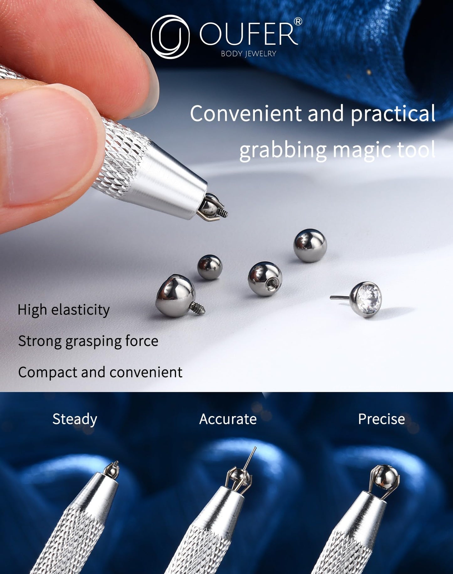 OUFER Piercing Ball Grabber, 16G/18G/20G Flat Back Earrings Piercing Guide needle Tool, Surgical Steel Internally Threaded Push Pin External Thread Assistant Body Piercing Kit for Ear Nose Lip Tool