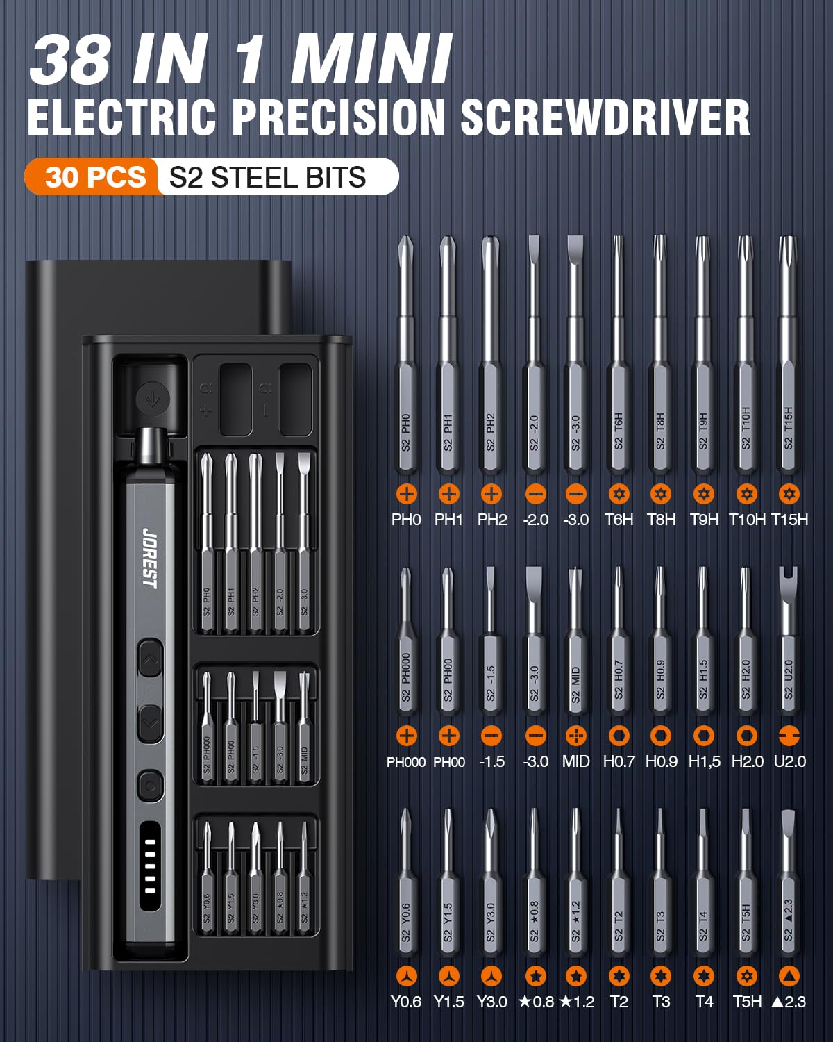 JOREST Mini Electric Screwdriver,Cordless Precision Screwdriver set with 38-in-1 Magnetic Bits, 5 Torque Settings, Repair Tool for iPhones, Laptop, Drone, Game Console, Camera;Birthday Gift for Father